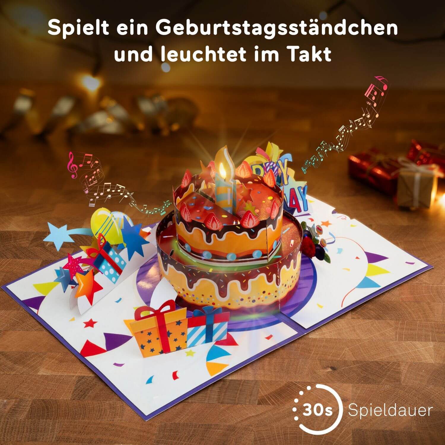 papercrush Geburtstagskarte Geburtstagstorte mit Musik & Licht Pop-Up Karte, 3D Karte Geburtstag, Mit Musik & Licht, Handgemacht, Verschenkfertig