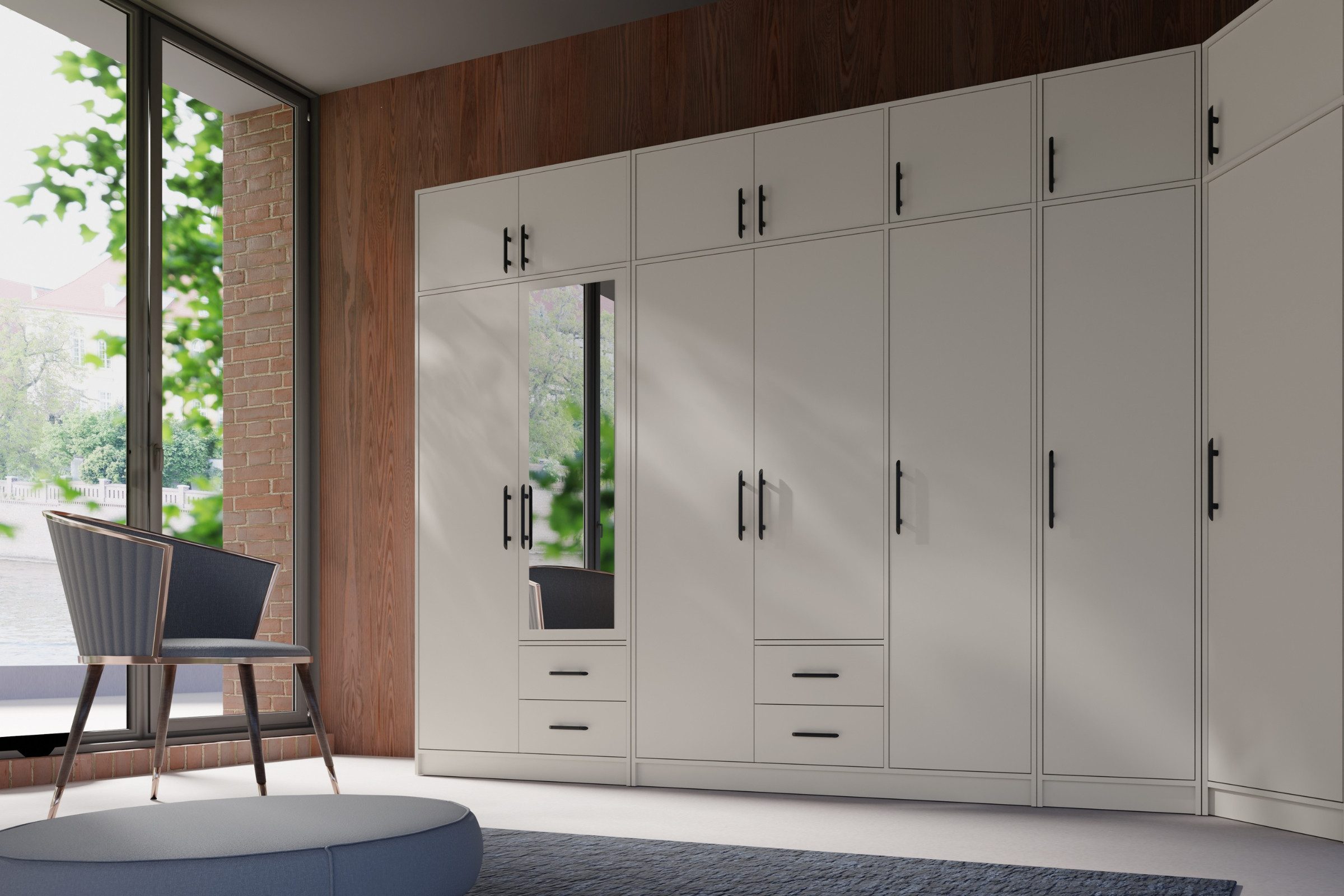 Deine Möbel 24 Kleiderschrank SAM SRL2 4-türig mit Schubladen, Farbe: Cashmere, mit Aufsatz optional (Set, 3-St., 150 cm breit mit Stauraum) Drehtürenschrank für Schlafzimmer Flur Garderobe