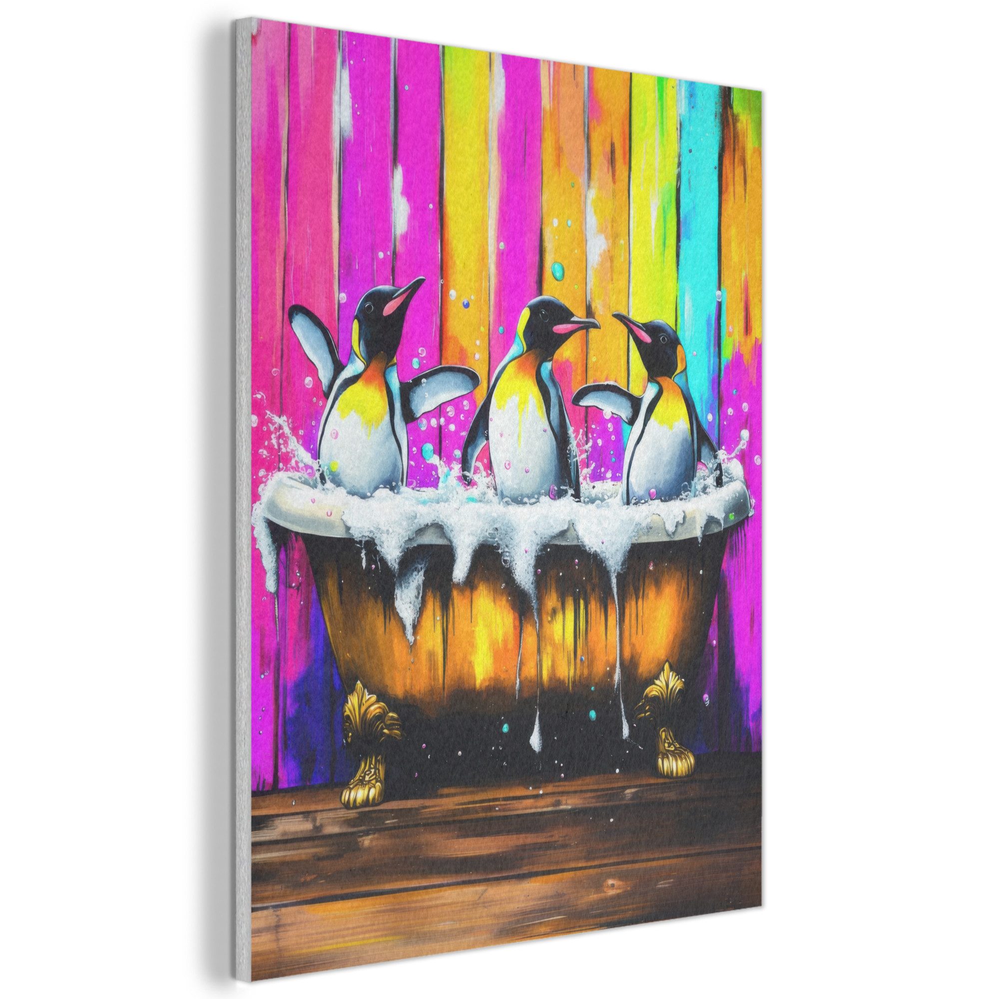 MuchoWow Gemälde Pinguine - Badewanne - Bunt - Schaumstoff, Fotodruck (1 St), Akustikpaneele, Wandpaneele, Schalldämmung, Akustikbilder 30x40 cm