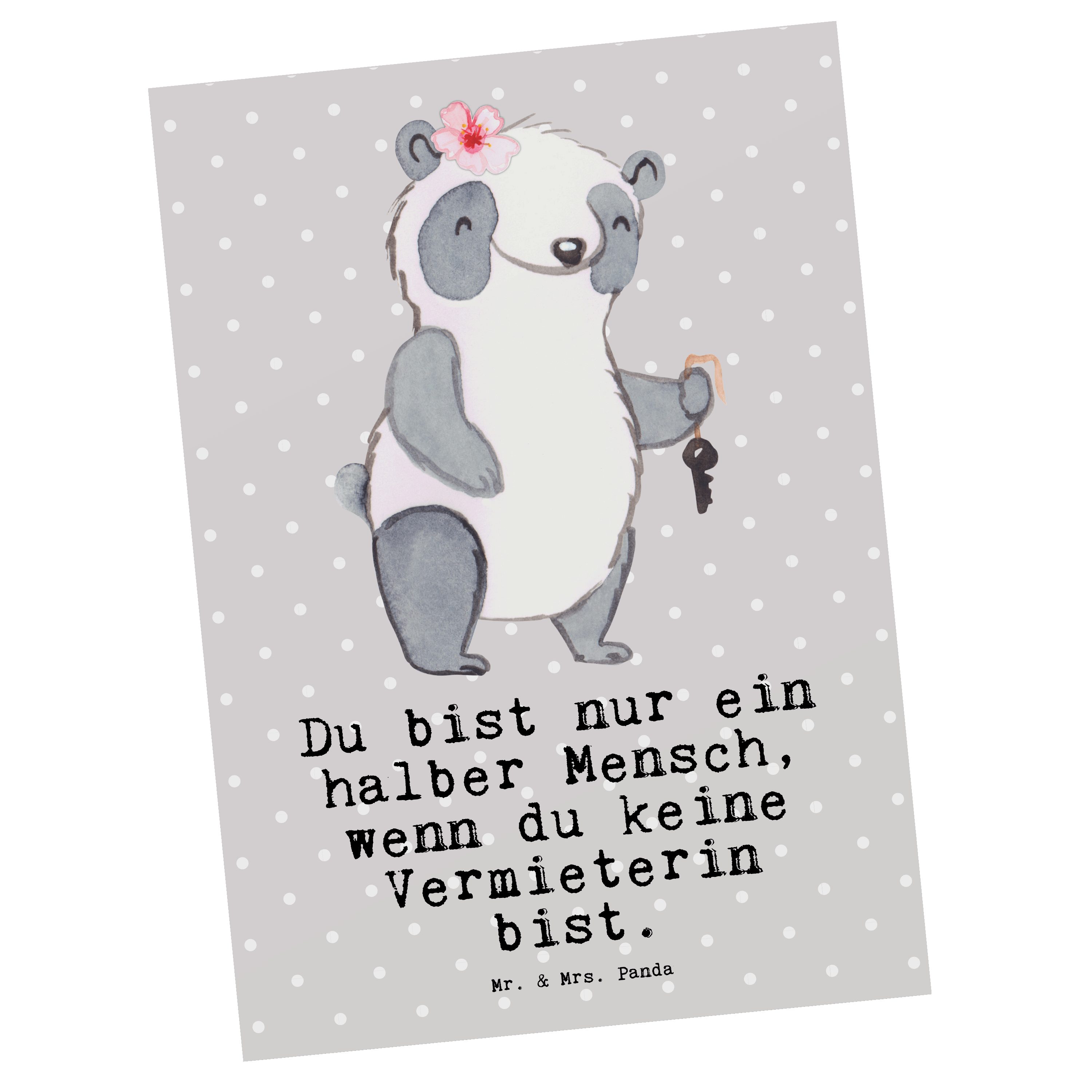 Mr. & Mrs. Panda Postkarte Vermieterin mit Herz - Grau Pastell - Geschenk, Ansichtskarte, Grußka