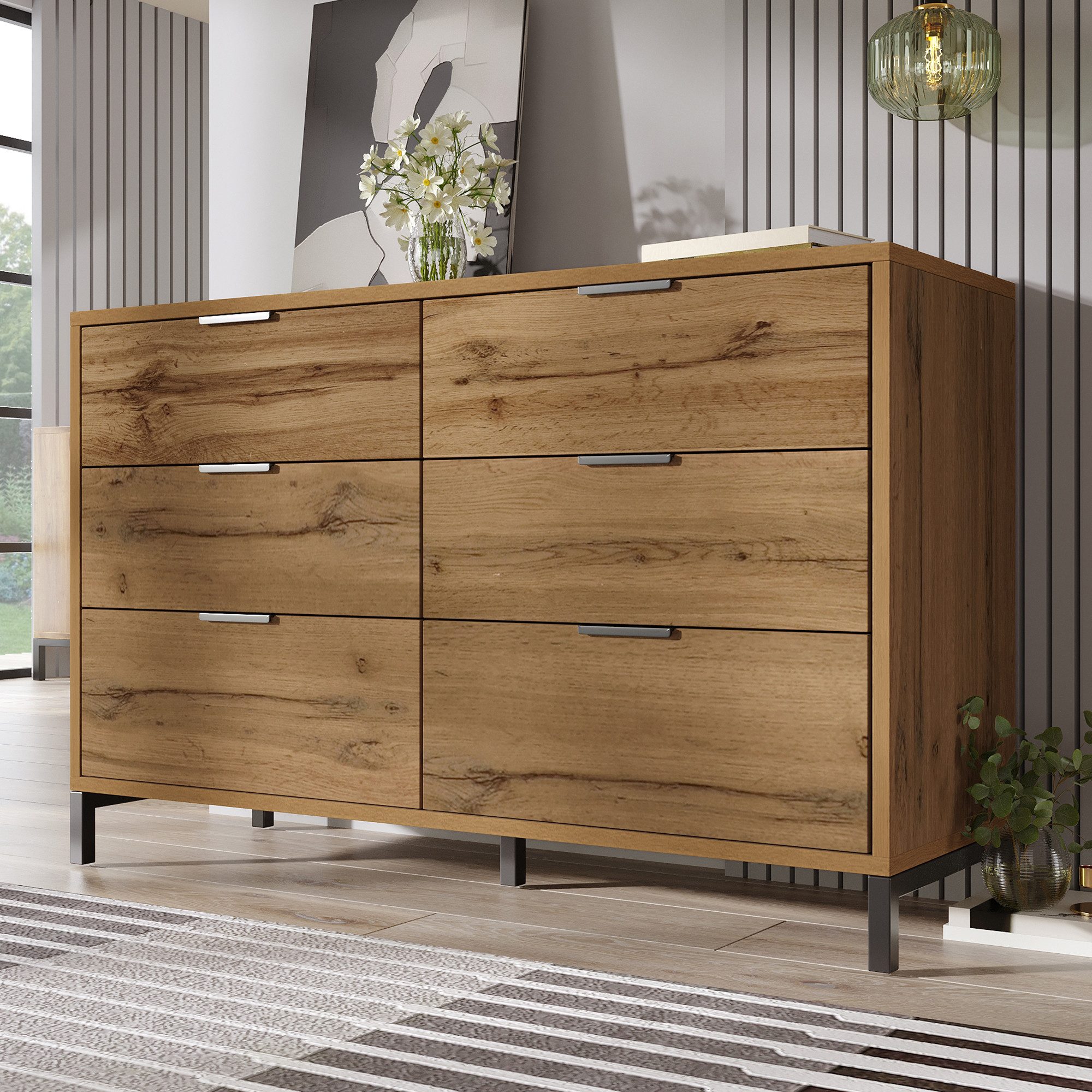 Flieks Kommode, Sideboard Schrank mit 6 Schubladen 120x40x76cm