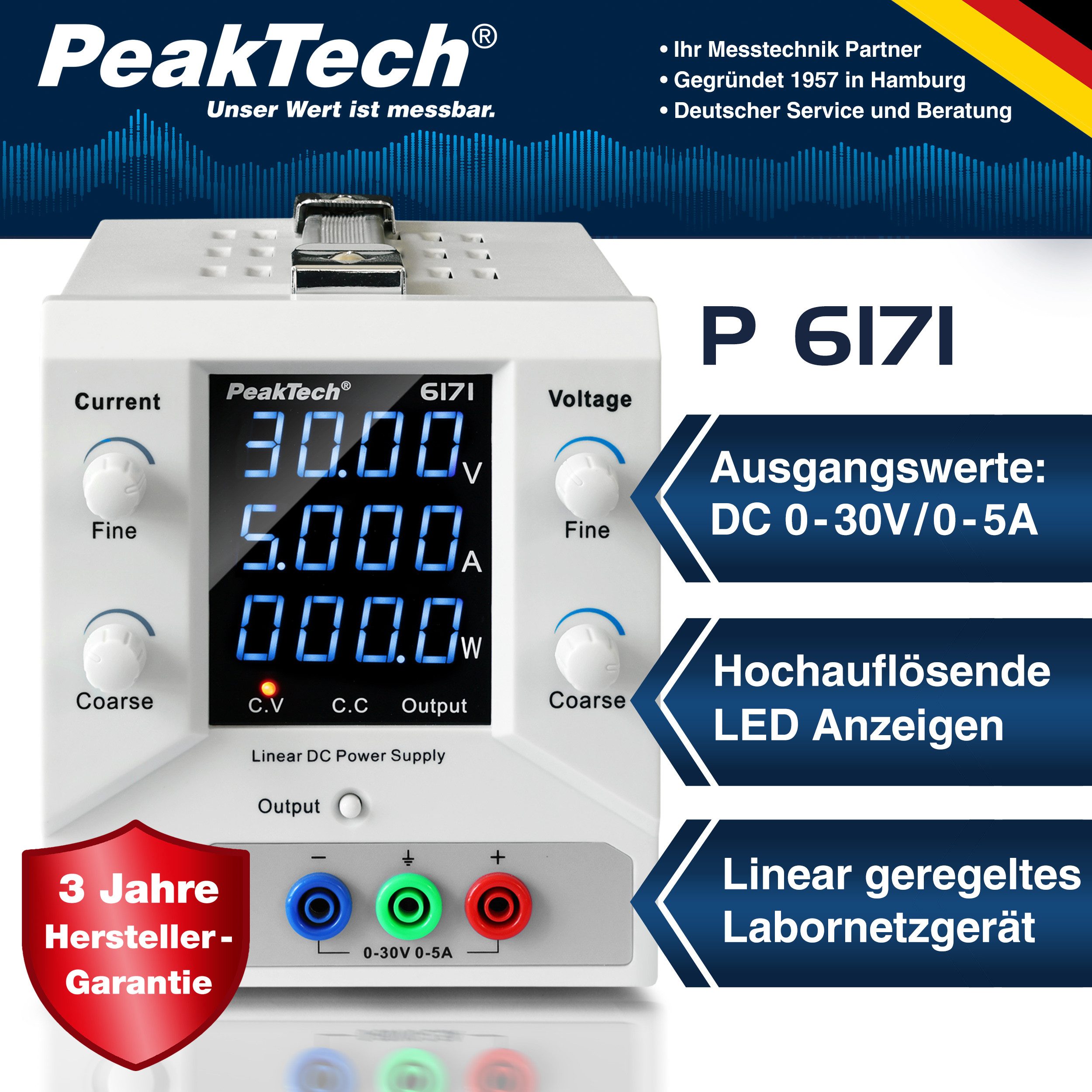 PeakTech 30 V 5 A DC Labornetzteil 0–30 V/0–5 A SELV, linear Labor-Netzteil