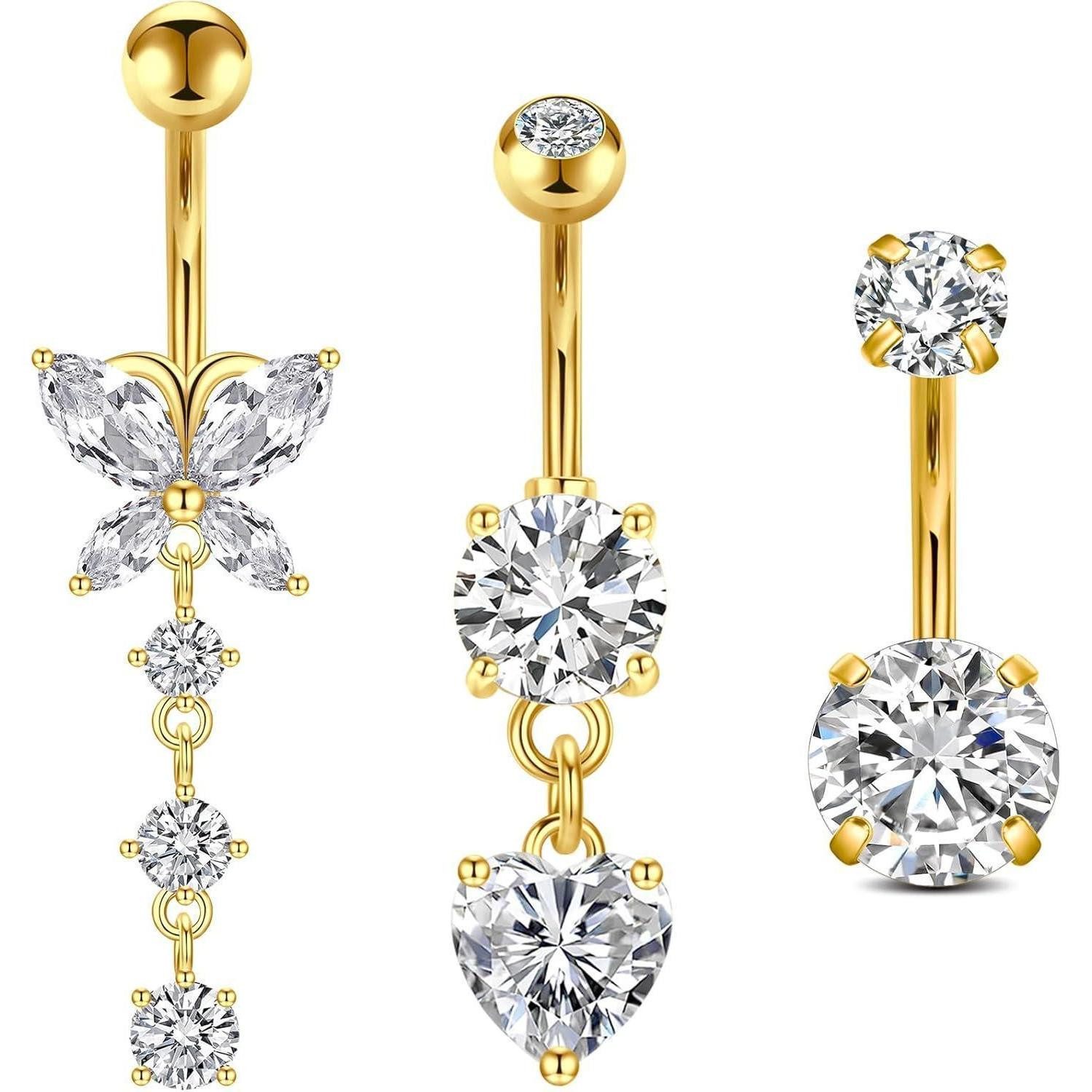 FECTAS Bauchnabelpiercing-Set 3pcs Bauchnabelpiercing Herz Schmetterling Chirurgenstahl 10mm Silber