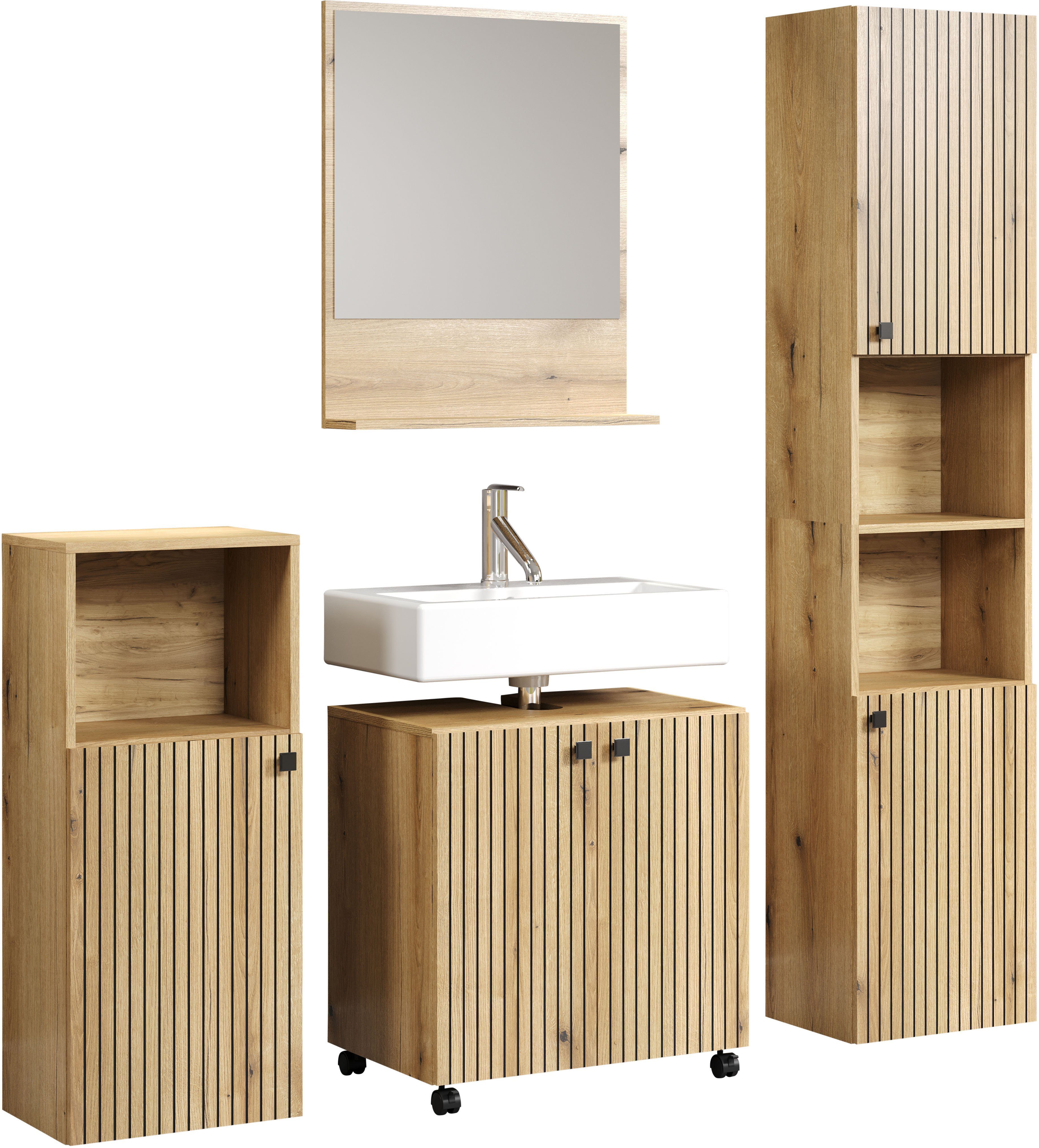 welltime Badmöbel-Set Amrum Waschbeckenunterschrank Spiegel Hochschrank Badschrank, (Komplett-Set, 4-St), 4-teiliges Badmöbel-Set Eiche Rillenoptik - Maße (B/T/H) 160/42/186 cm