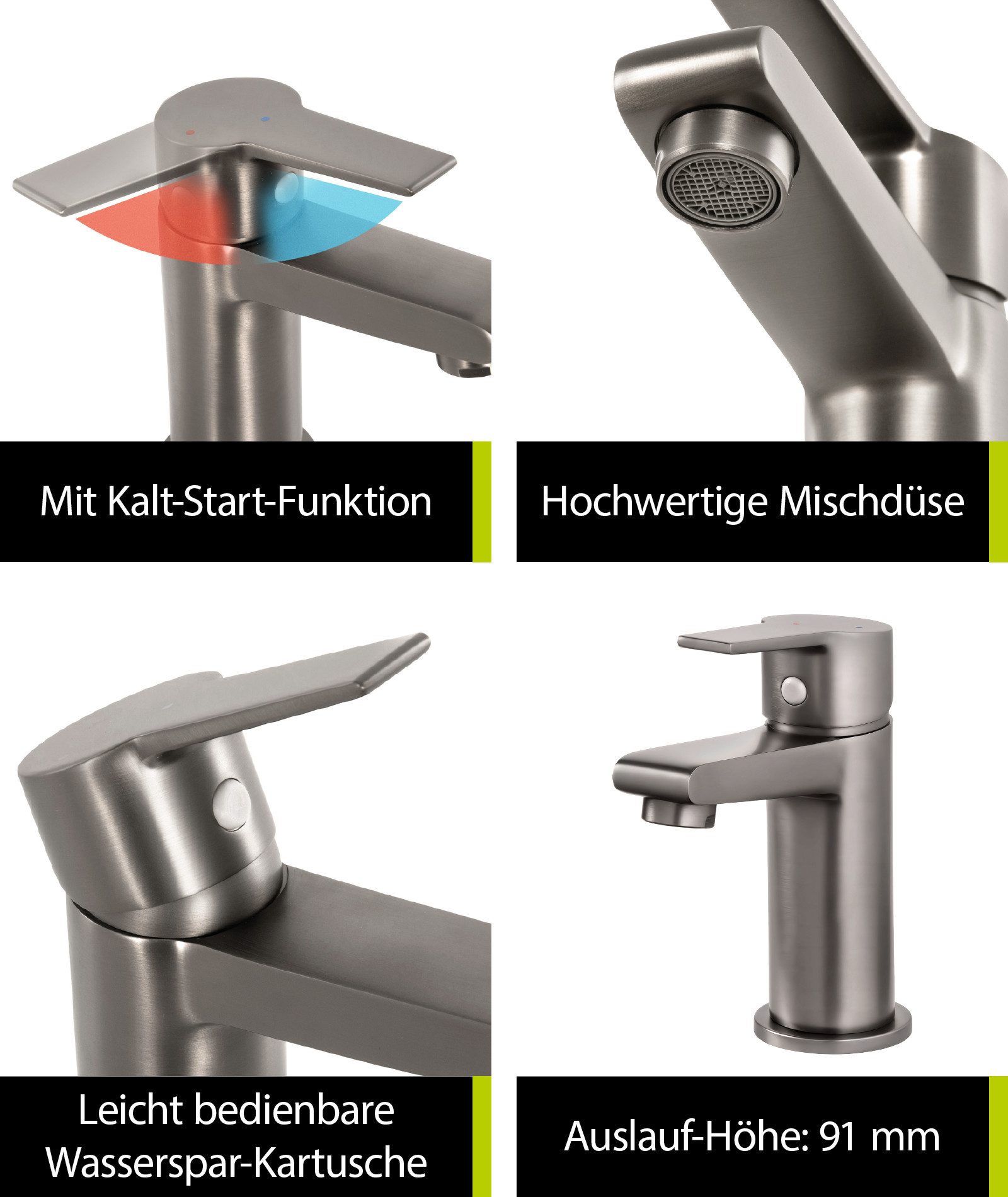 aquaSu Waschtischarmatur Onara Industrial, Pop-Up-Ventil, Kaltwassermittelstellung, Messing