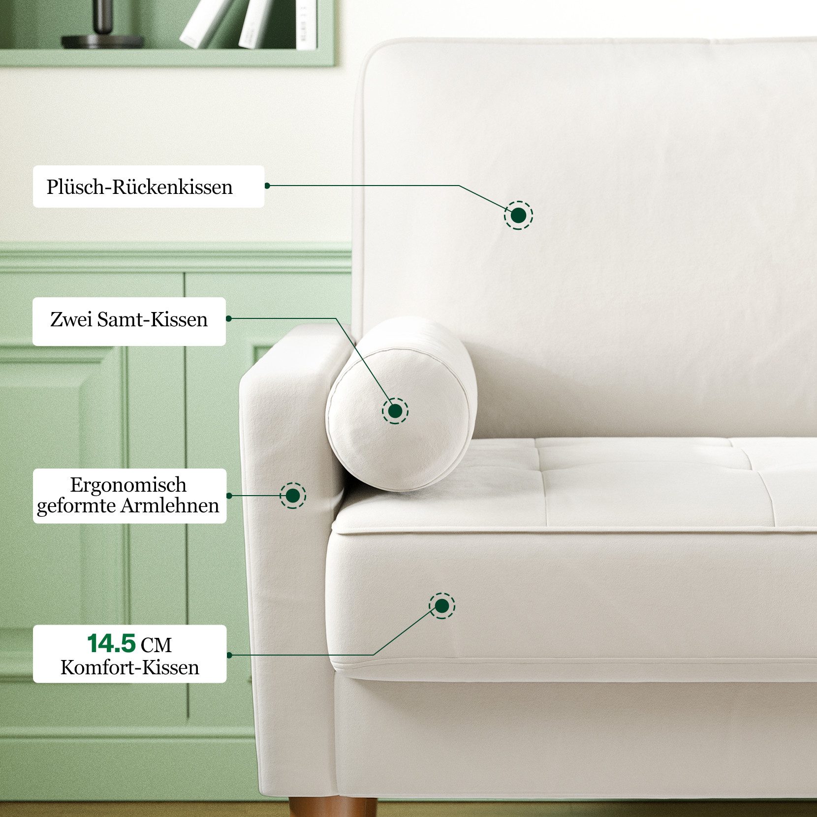 OUNUO Sofa 121cm Kleines Loveseat Sofa Couch aus Samt und Leinen mit 2 Zierkissen – Bild 4 von 5