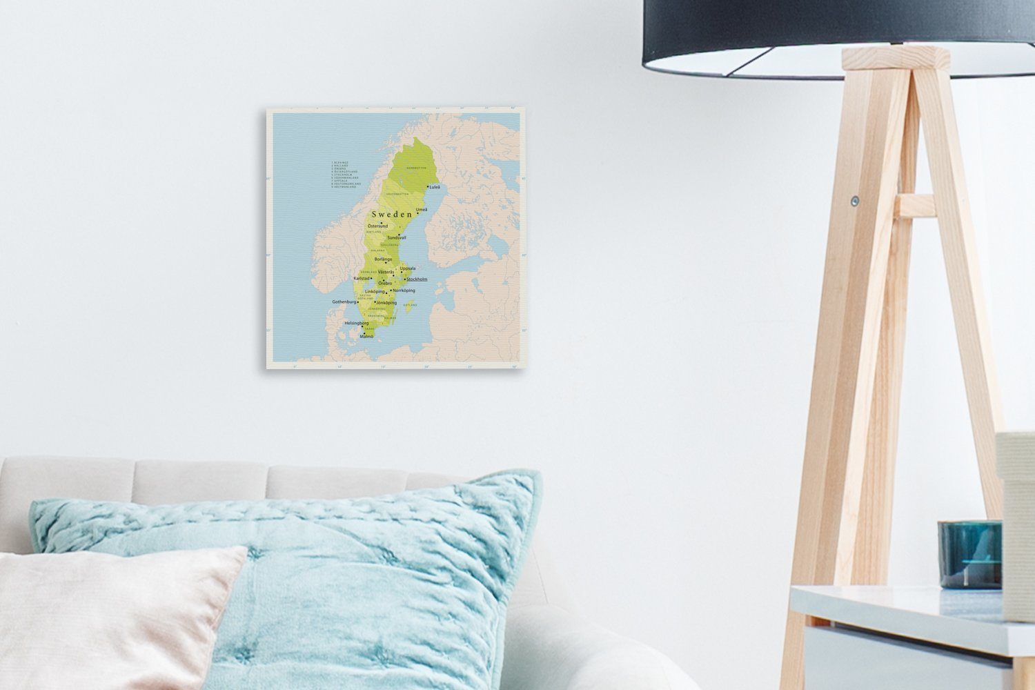 Illustration einer Karte für Leinwand (1 in Bilder Leinwandbild Schweden Wohnzimmer grün, Schlafzimmer OneMillionCanvasses® St), mit