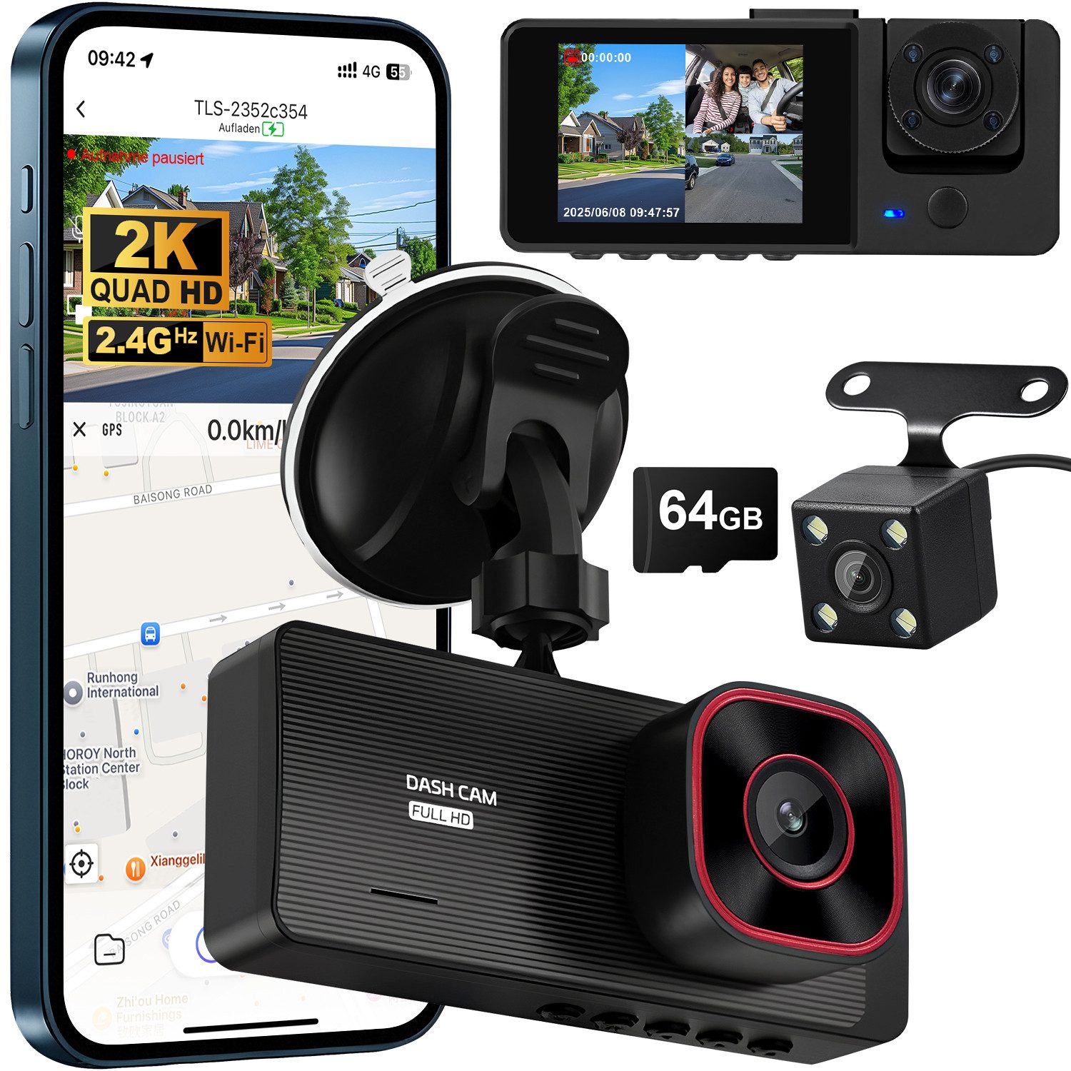 HS Onsing 2K Dashcam Auto,2-Zoll-LCD,3 Kanal Dashcam Auto Vorne Hinten Dashcam (mit 64GB TF-Karte)