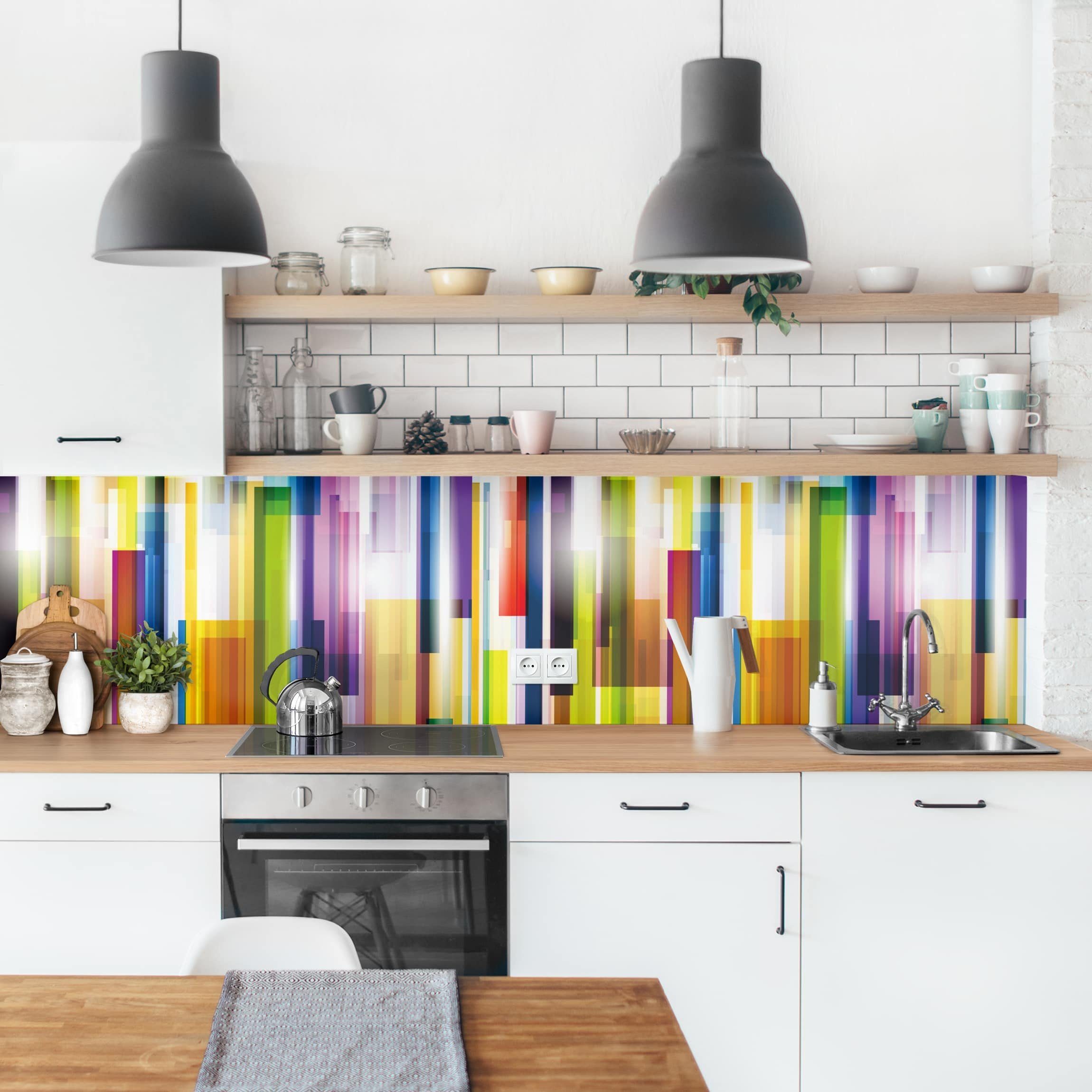 Bilderdepot24 Küchenrückwand bunt dekor Abstrakt Muster Rainbow Cubes II Wandverkleidung Küche, (1-tlg., Nischenrückwand - für Fliesenspiegel ohne Bohren - matt), Spritzschutz Rückwand Küche Herd - Folie selbstklebend versch. Größen