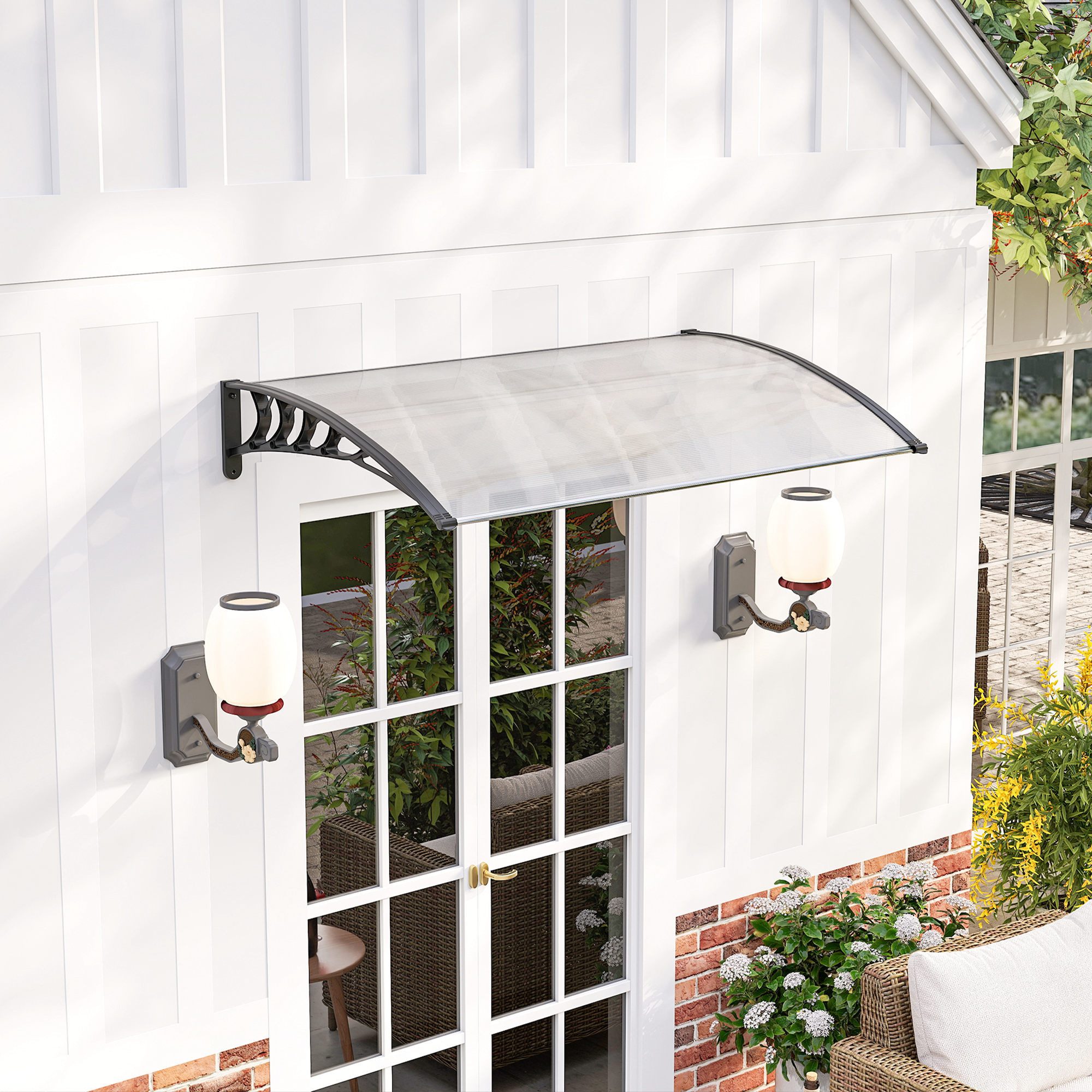 Outsunny Pultvordach Vordach für Haustür Überdachung 90 x 150 cm Polycarbonat Weiß (Haustürdach aus Polycarbonat, 1 St., Pultbogenvordach mit UV-Schutz), Sonnenschutz Regenschutz für draußen, Weiß