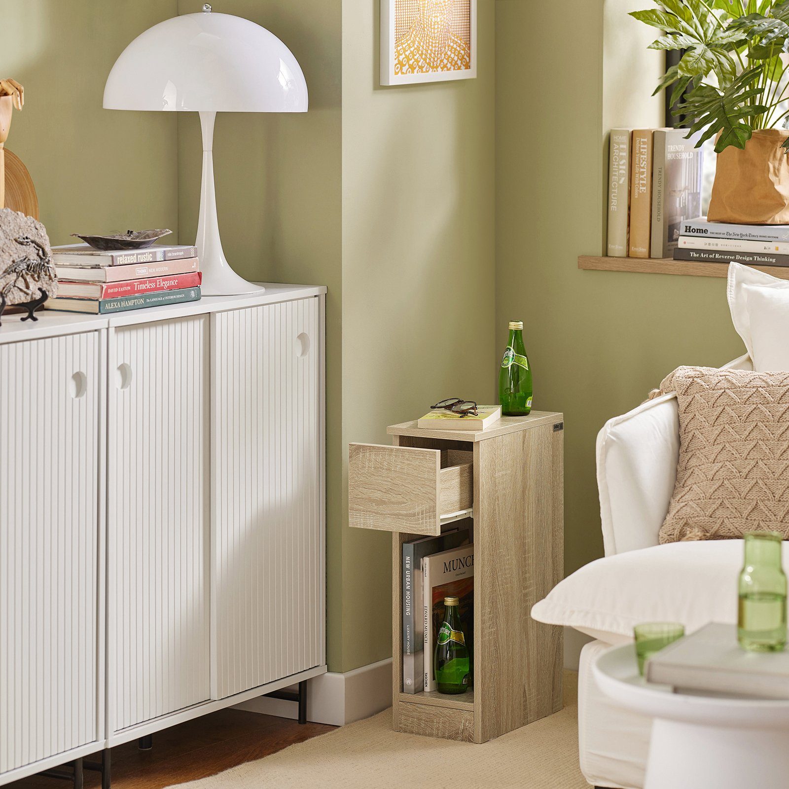 SoBuy Nachttisch FBT111, Nachtschrank kleiner Beistelltisch 20cm Breite, Nightstand, Nachttisch schmal, mit Schublade, Schlafzimmer Wohnzimmer kleine Räume