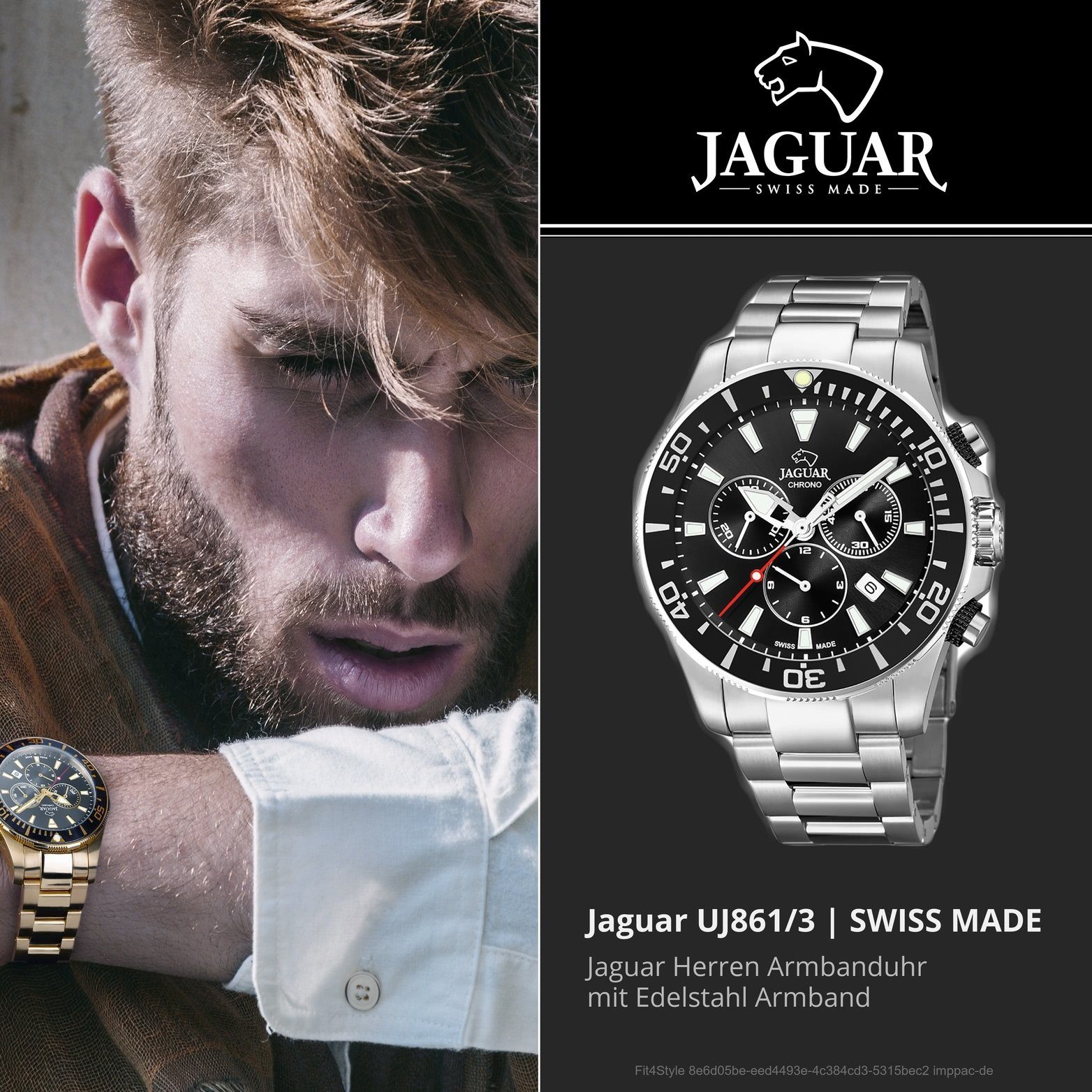 JAGUAR Chronograph Jaguar Edelstahl Herren Uhr J861/3 Sport, Herrenuhr mit  Edelstahlarmband, rundes Gehäuse, groß (ca. 44mm), Sport | Schweizer Uhren