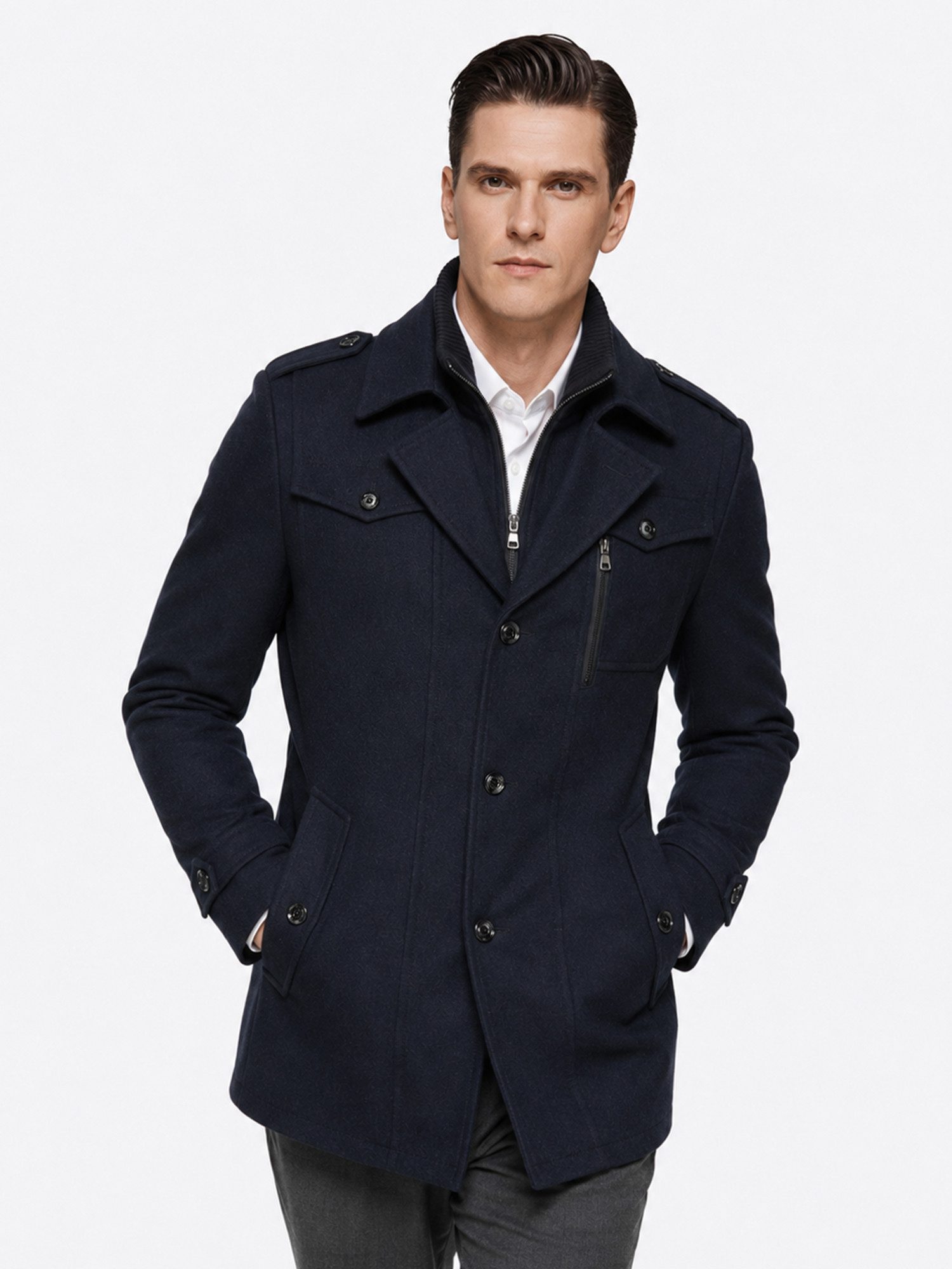 Allthemen Kurzmantel Herren Slim Fit Wollmantel mit abnehmbarem Doppelkragen Wintermantel