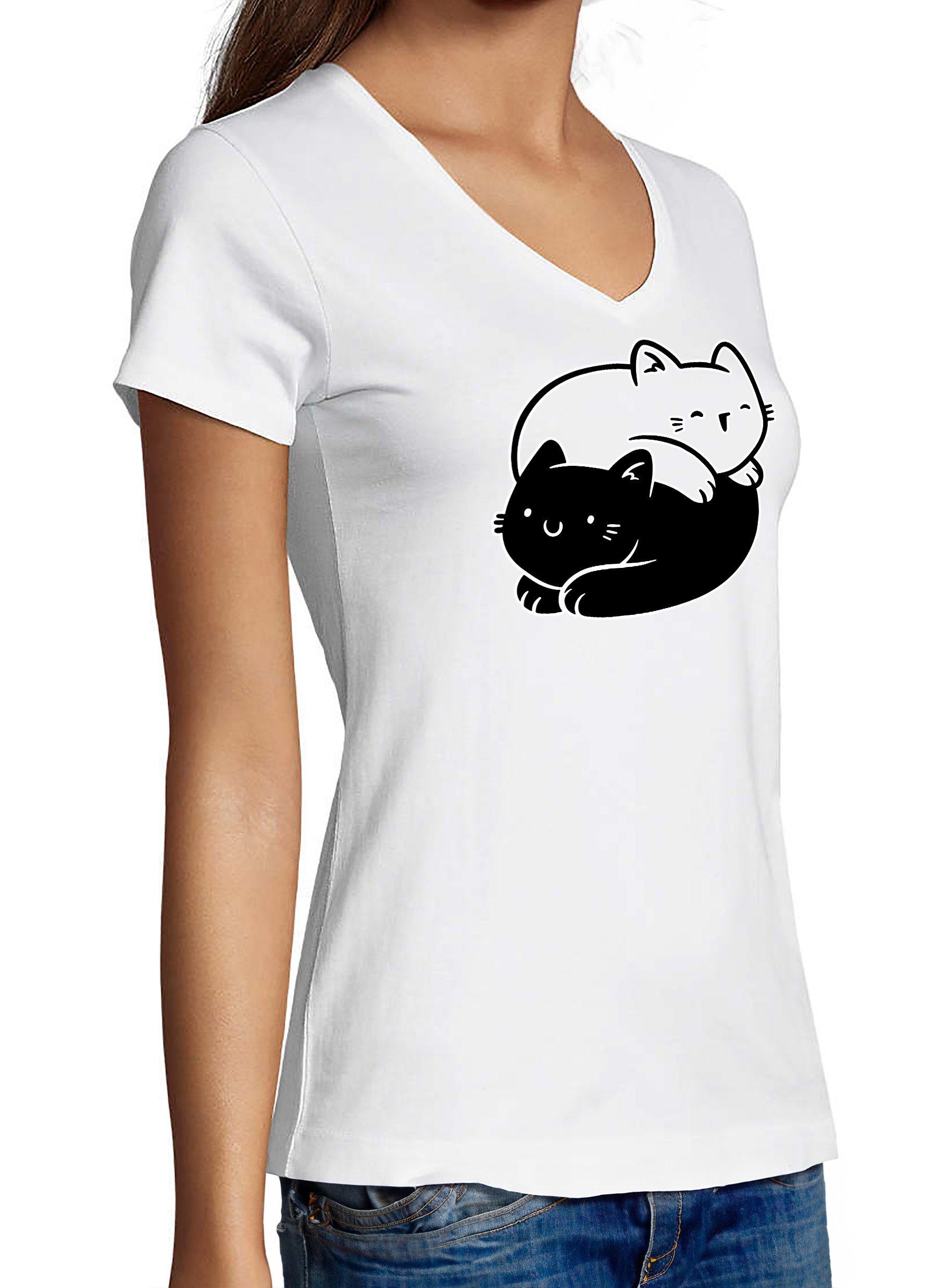 MyDesign24 Katze i112 mit Baumwollshirt Aufdruck, - weiss bedruckt Slim Katzen Yin Damen Shirt Print Yang Fit, T-Shirt