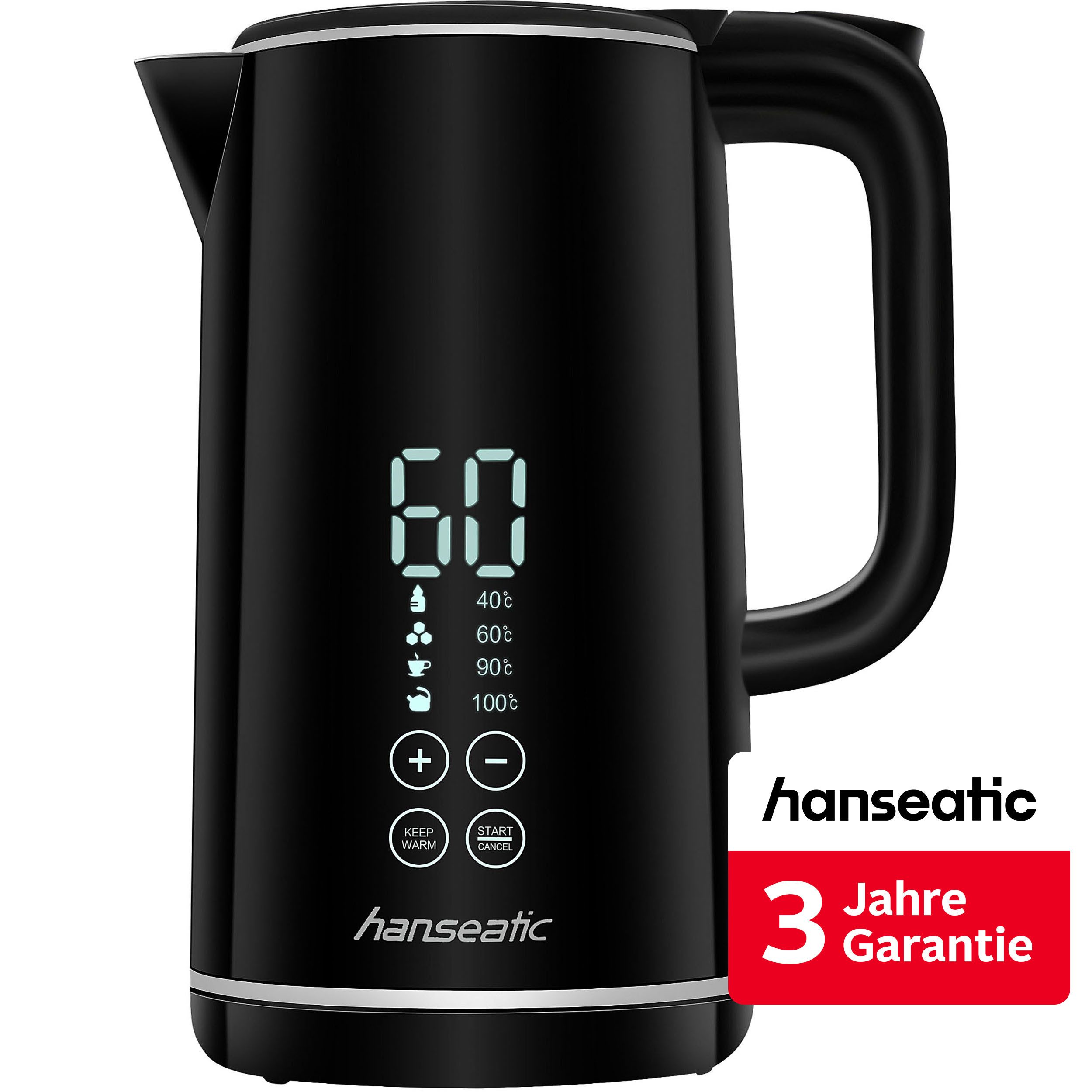 Hanseatic Wasserkocher HWK172200DBD, mit Temperaturvorwahl, 1,7 l, 2200 W, inkl. 3 Jahre Herstellergarantie