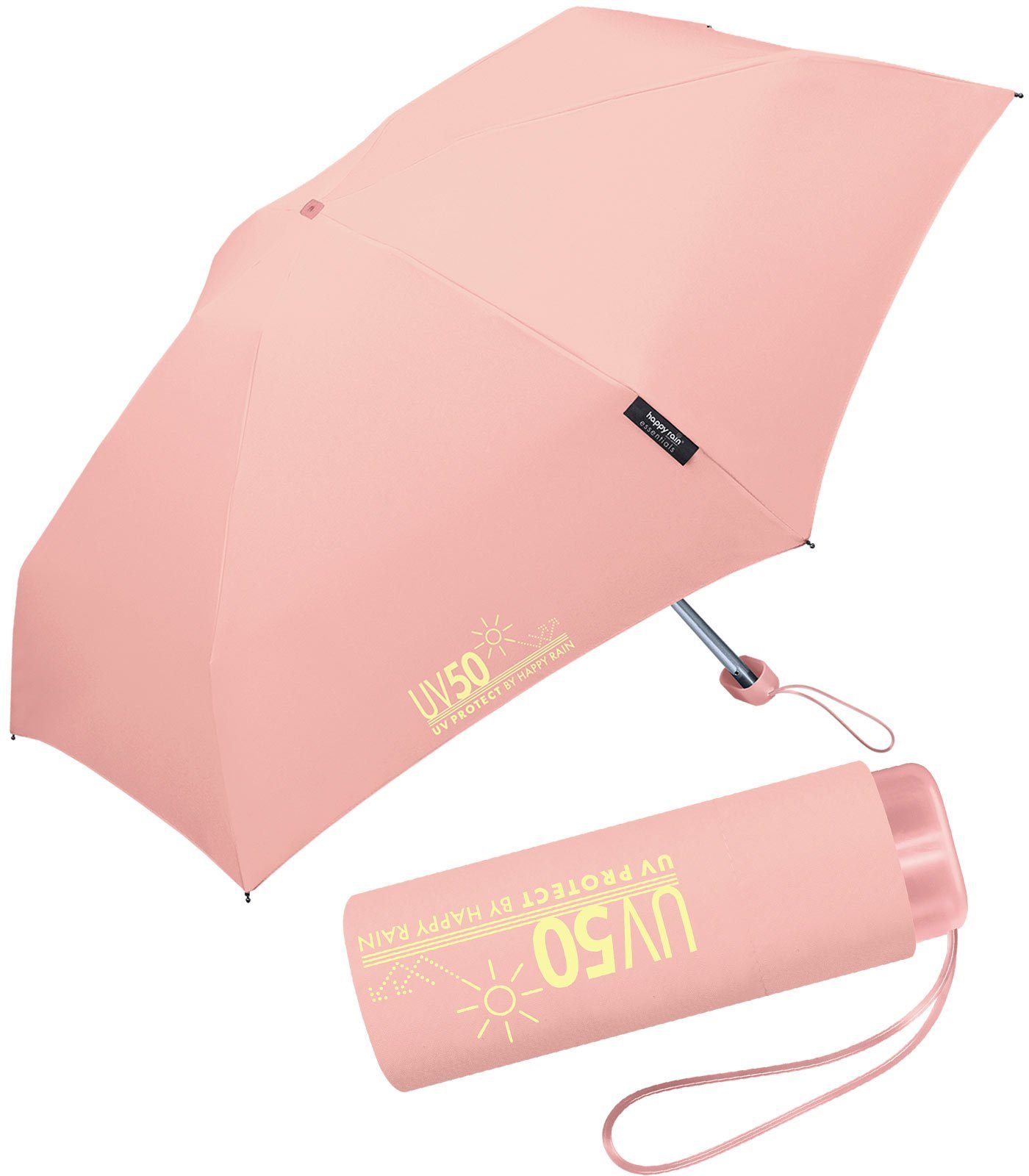 HAPPY RAIN Regen Flat apricot für mit Taschenregenschirm Mini schützt Sonnenschutz, - UV50 UV-Protect klein unterwegs Ultra und vor winzig Sonne