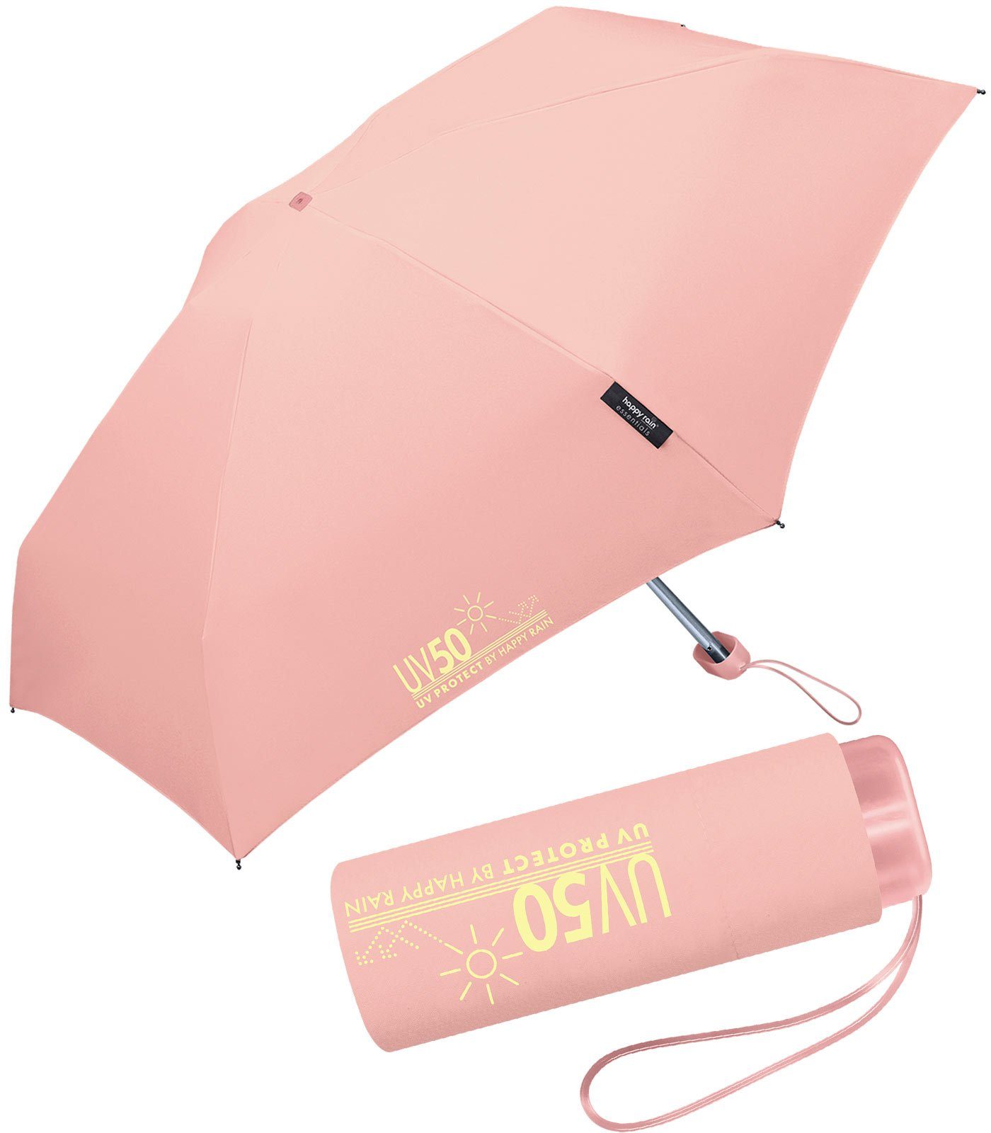 HAPPY RAIN Taschenregenschirm UV-Protect UV50 Ultra Mini Flat mit Sonnenschutz, winzig klein für unterwegs - schützt vor Sonne und Regen