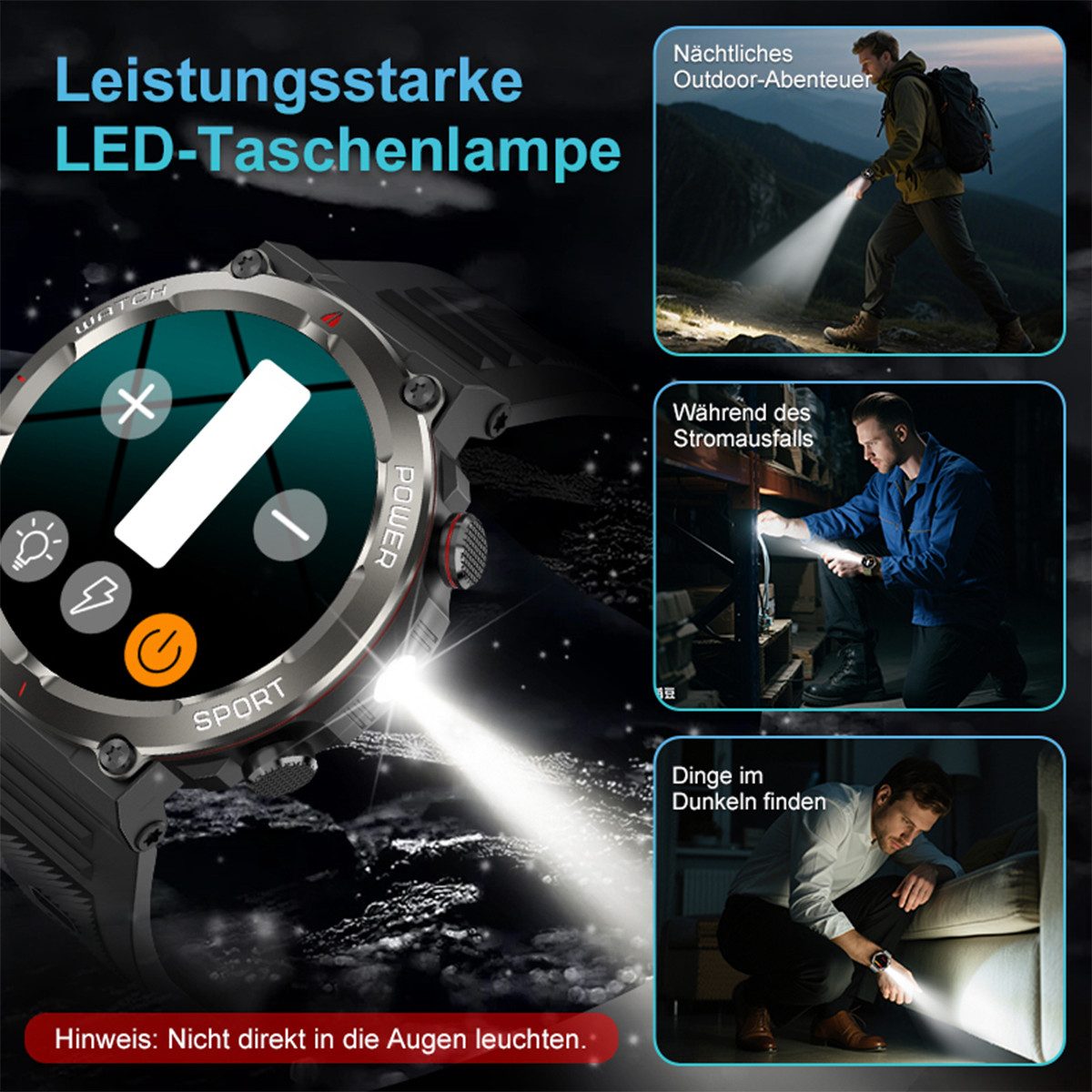 blackview Smartwatch Herren Militär,960mAH Akku,Telefonfunktion,100 Tage Standby Smartwatch (1.45 Zoll, IOS&Android), 1-tlg., 1,45'', LED Taschenlampe Fitnessuhr mit 110+ Sportmodi, IP68 Sportuhr