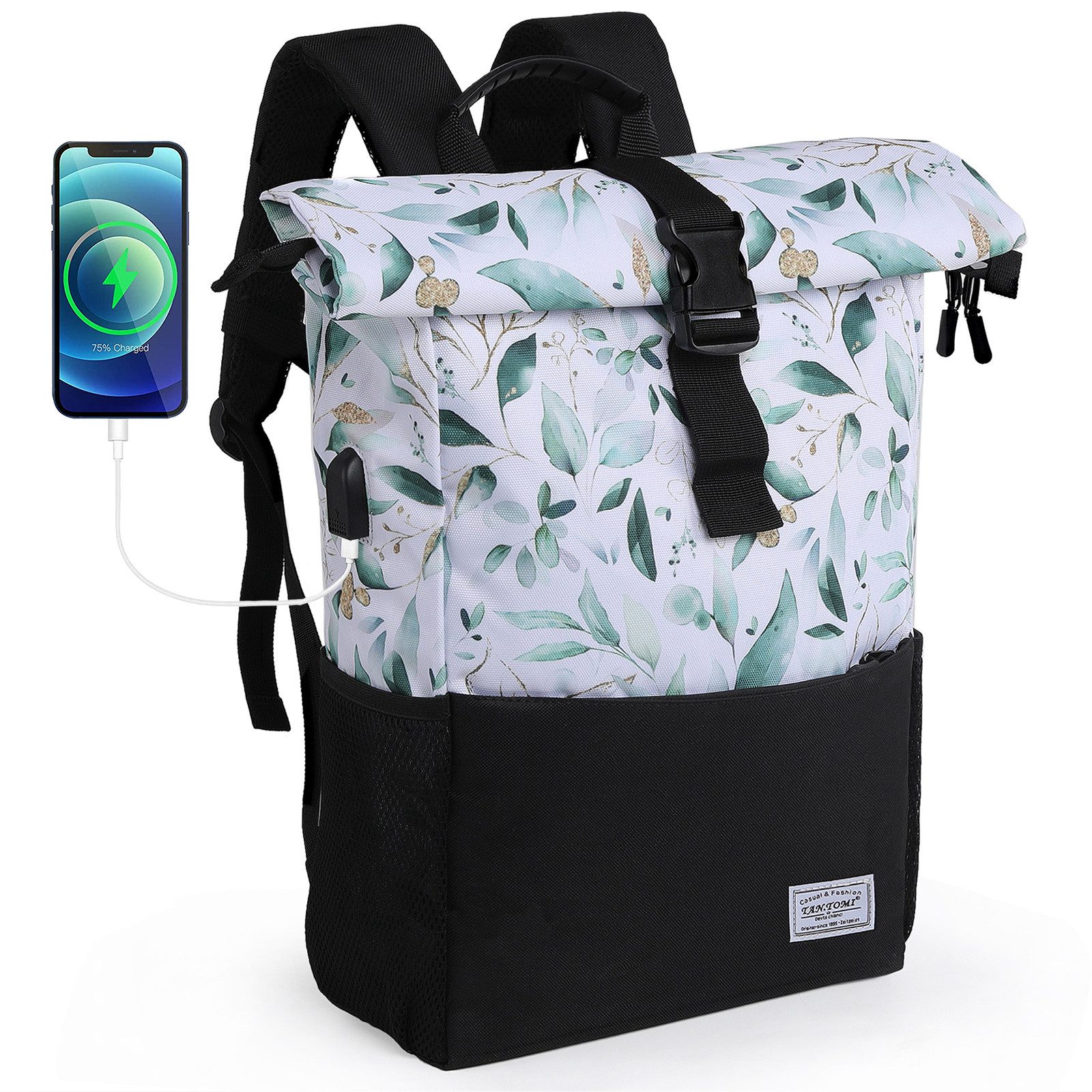 TAN.TOMI Freizeitrucksack Arbeitsrucksack Groß Damen lässiger Rolltop Rucksack Herren Backpack, mit Laptopfach bis 15,6 zoll und externen USB-Anschluss