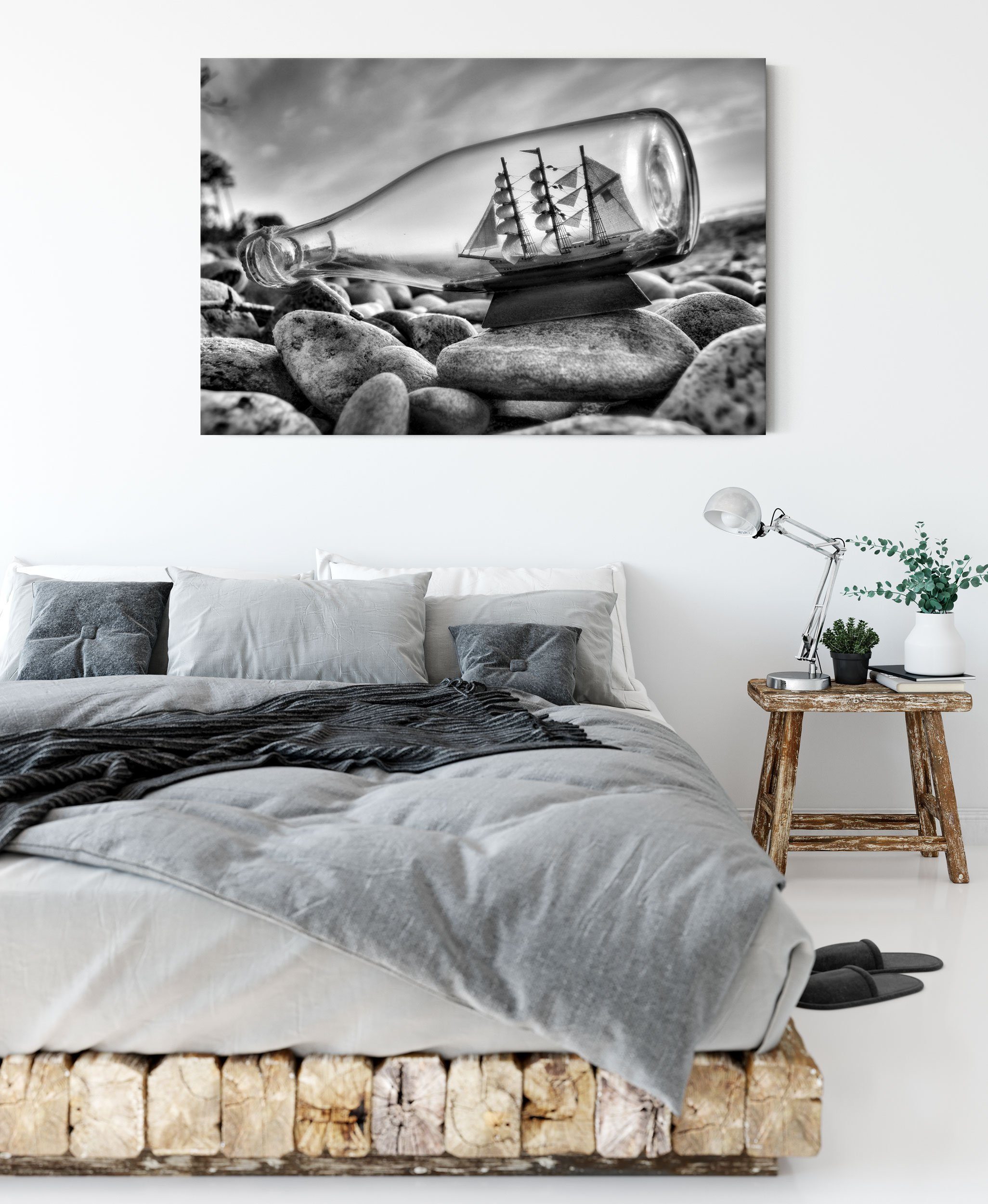Leinwandbild Leinwandbild bespannt, (1 St), Flasche inkl. Zackenaufhänger Pixxprint Flasche Schiff mit Schiff, mit fertig