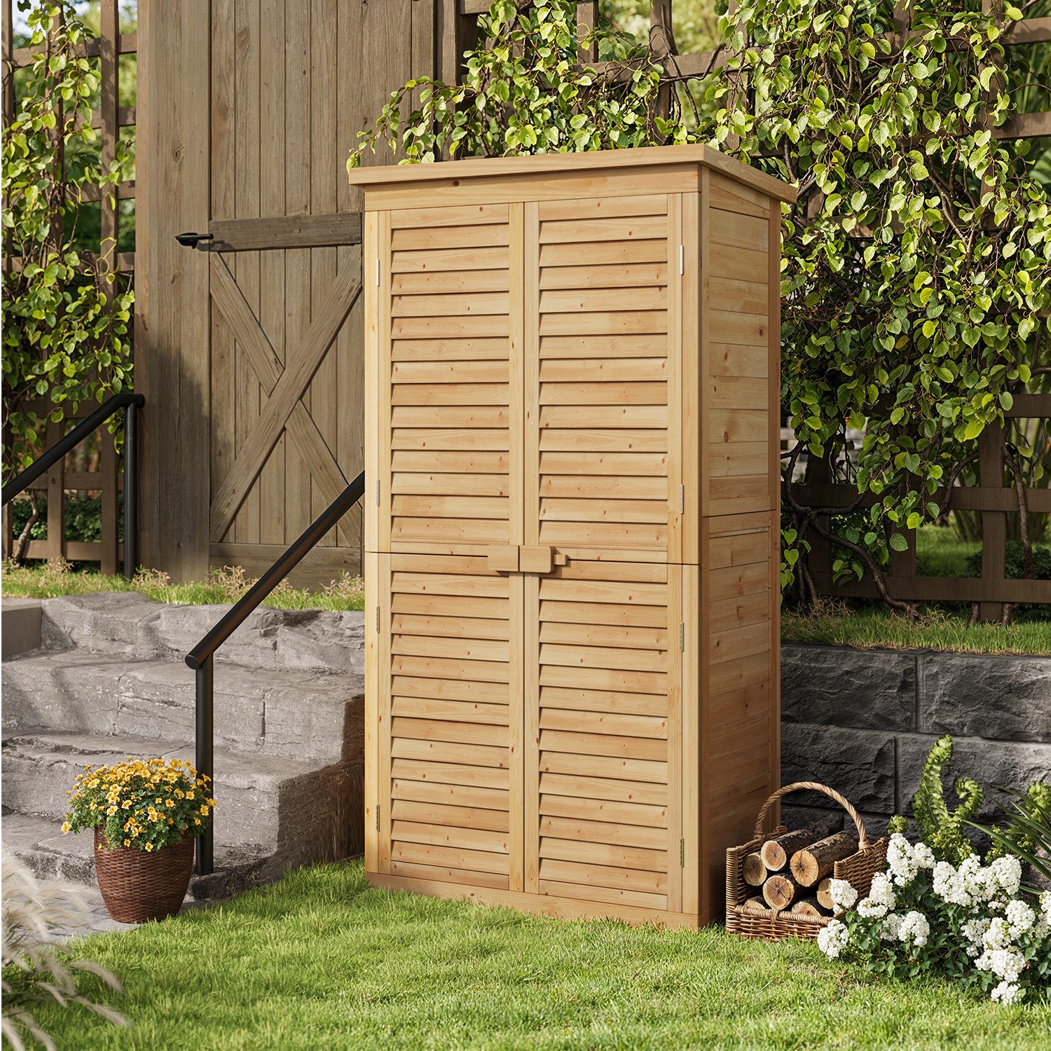 Bealife Gartenhaus Gartenschrank, Holz, wetterfest, mit 2 Regalböden, 76 x 42 x 160,5 cm