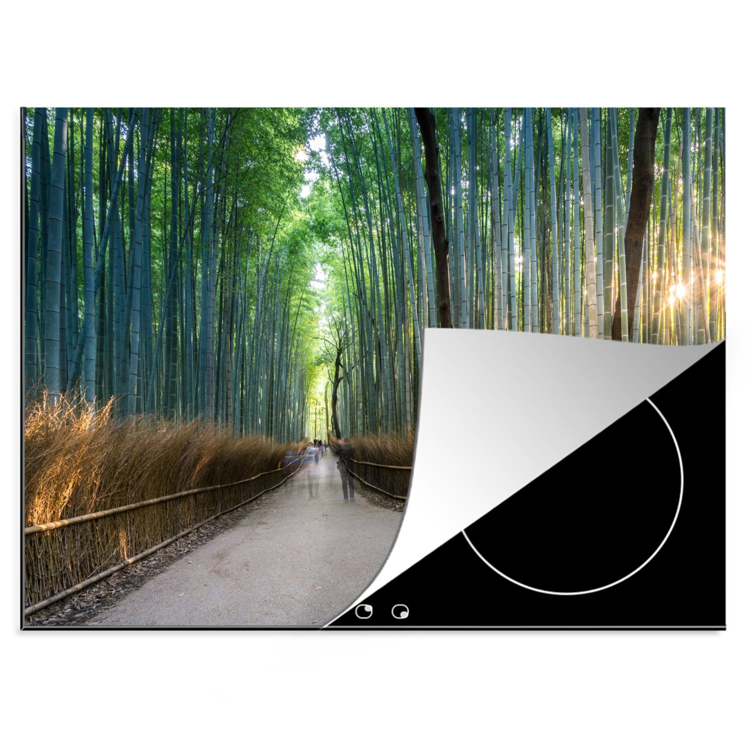 MuchoWow Herdblende-/Abdeckplatte Sonnenaufgang im Arashiyama-Bambuswald in Kyoto, Vinyl, (1 tlg), 70x52 cm, Mobile Arbeitsfläche nutzbar, Ceranfeldabdeckung
