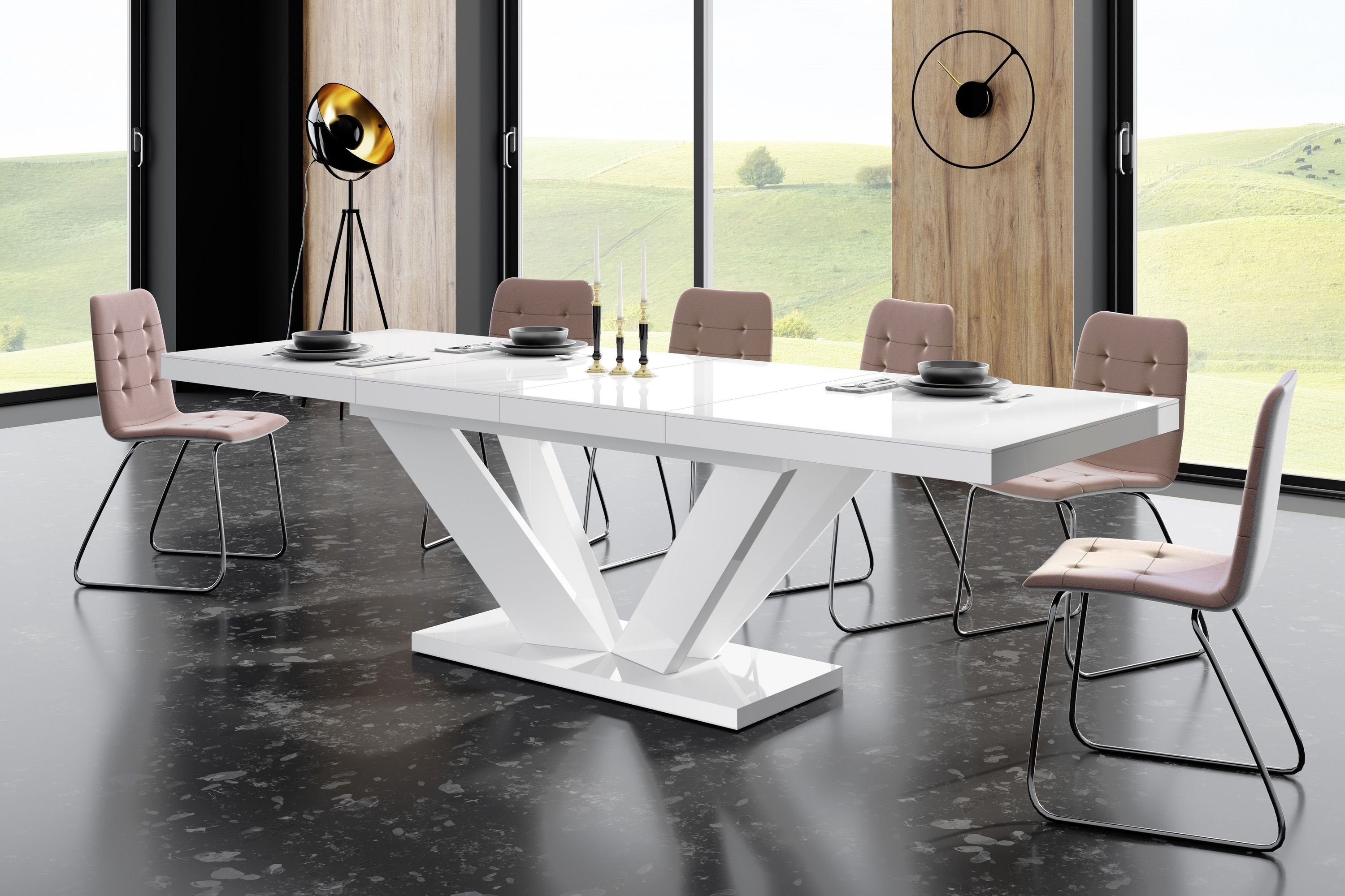 designimpex Esstisch Design Tisch HEU-111 Weiß Hochglanz ausziehbar 160 bis 256 cm