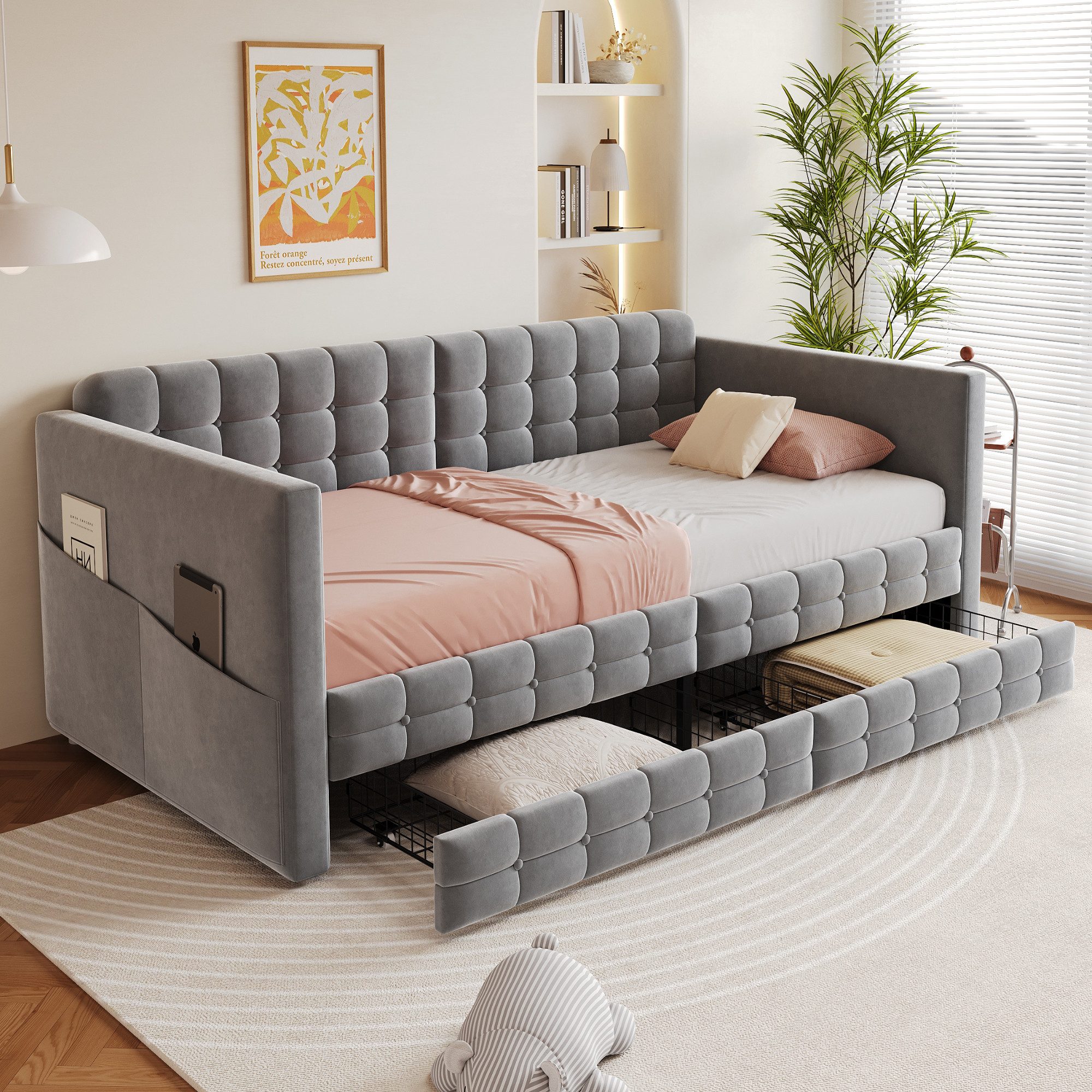 Flieks Daybett, Polsterbett Schlafsofa Kinderbett 90x190cm mit Stautasche & Schubladen