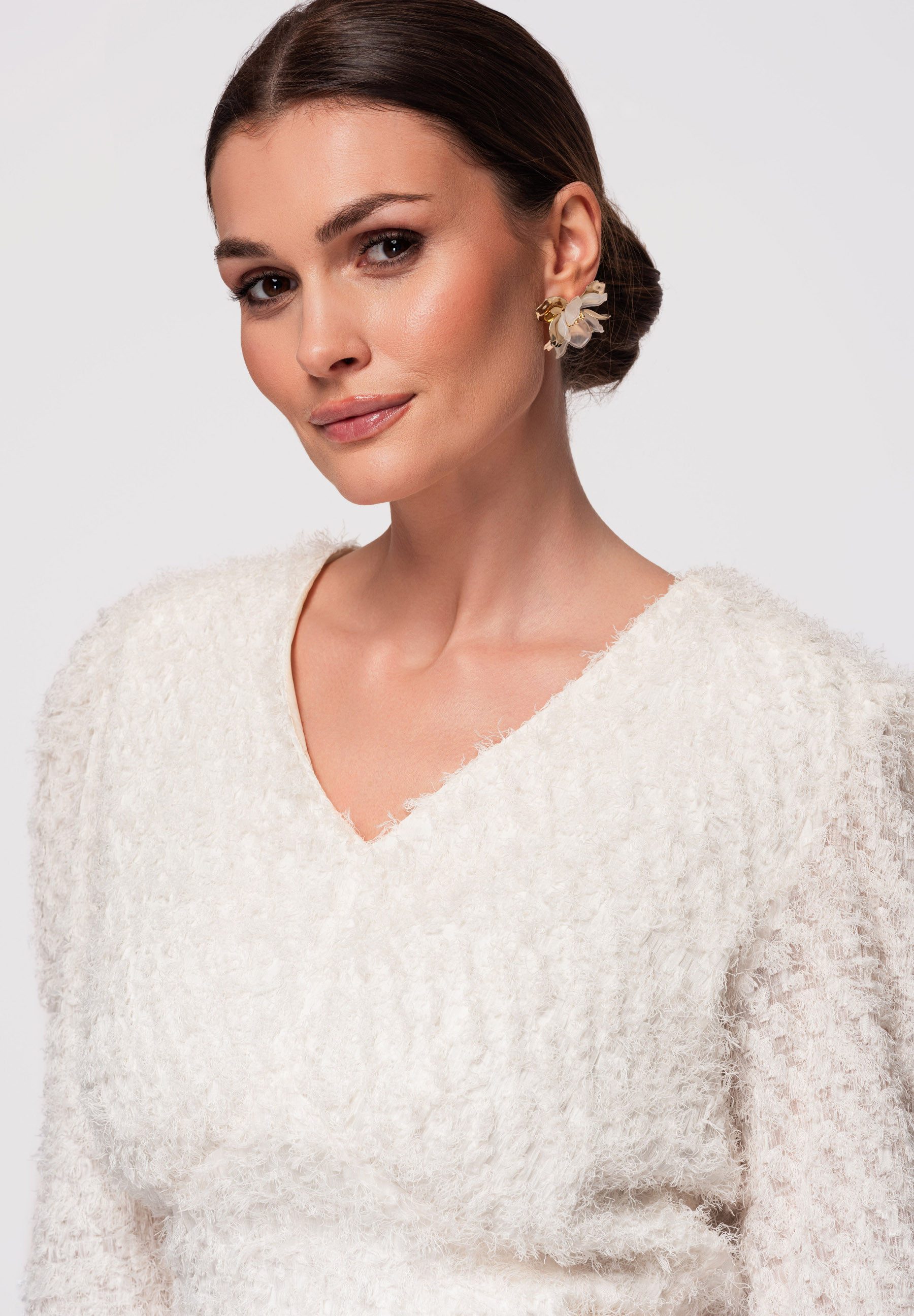 OMBRE Wickelbluse Damen Bluse Kurz Figurbetont Elegant Ecru M (kein Set, 1-tlg) Taillenregulierung durch Bindegürtel