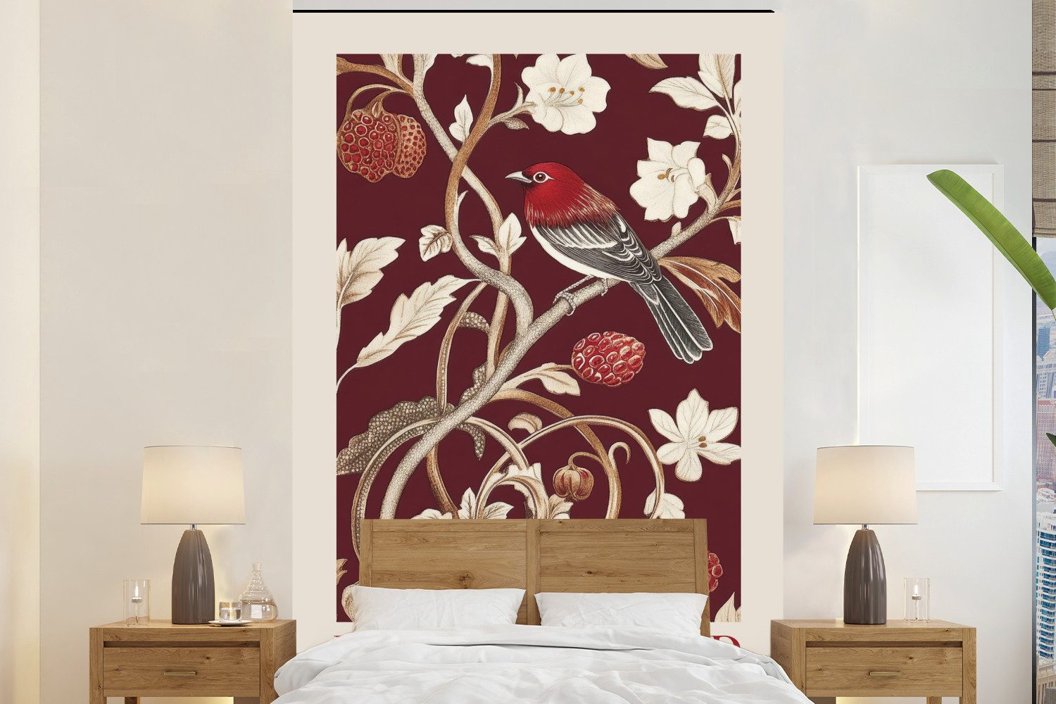MuchoWow Fototapete Vogel - Bordeaux - Blumen - Beeren, Matt, bedruckt, Montagefertig Vinyl Tapete, Wandtapete, 145x220 cm