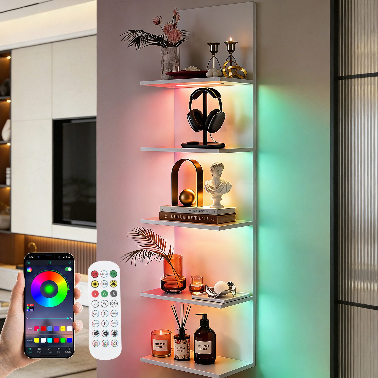 XERSEK Bücherregal Schweberegal Wandregal mit RGB+IC Lauflicht, Wanddisplay Hängeregal, 5-Stufig, 30×18×117cm, App-/Fernbedienung & Einzeln Ansteuerbare LEDs, Wandboard Aufbewahrung & Zeigen von Kopfhörer Modelle Duft Dekoartikel