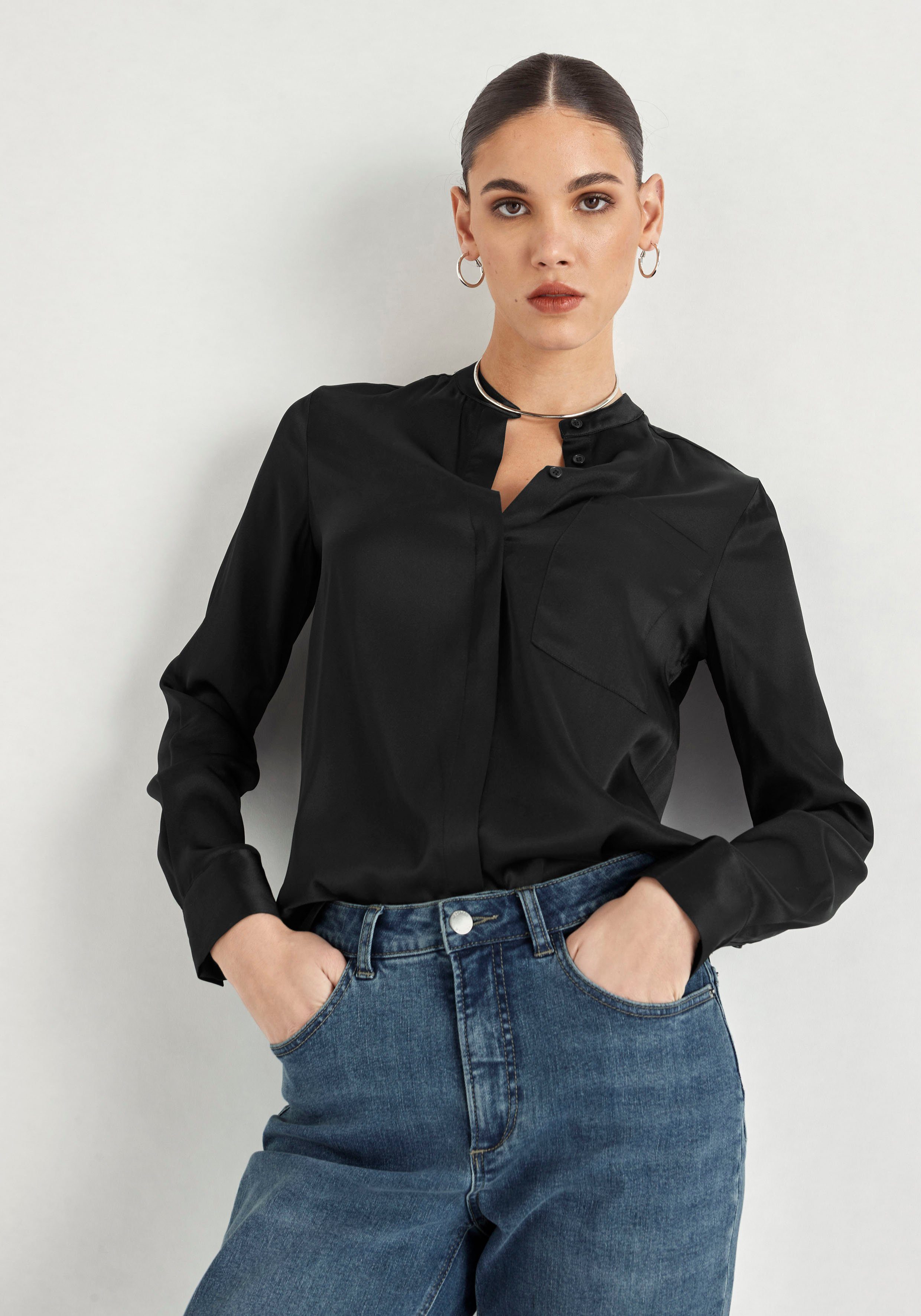 HECHTER PARIS Seidenbluse mit Fronttasche schwarz | Seidenblusen