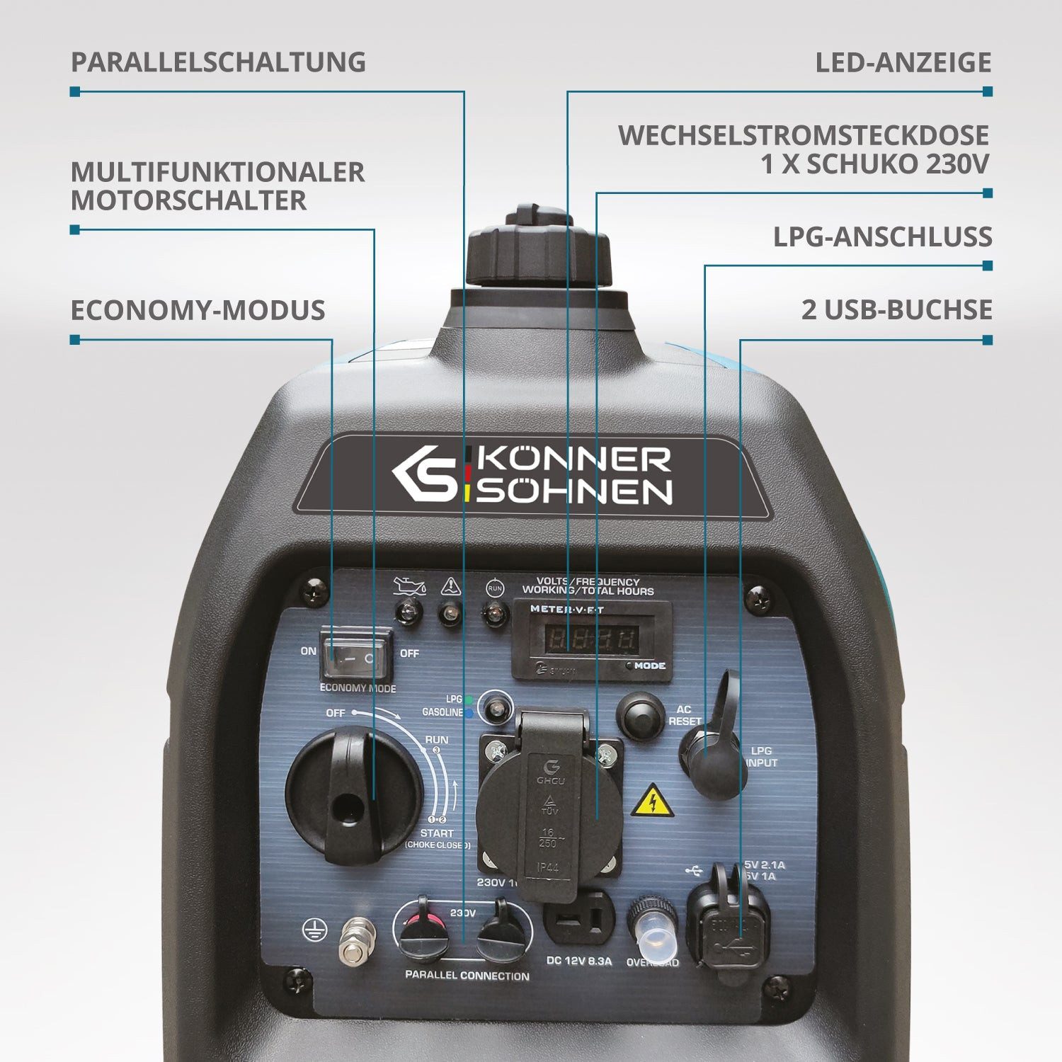 Könner & Söhnen Stromerzeuger KS 2100iG S, 2,00 in kW, (Superleiser Hybrid-Inverter (LPG/Benzin) mit USB, 1-tlg., 2.0 kW, 62 dB(A), ECO-Modus, Parallelschaltung möglich), Reine Sinuswelle, 2x USB, 19 kg, DUAL FUEL, Niedriger Pegel