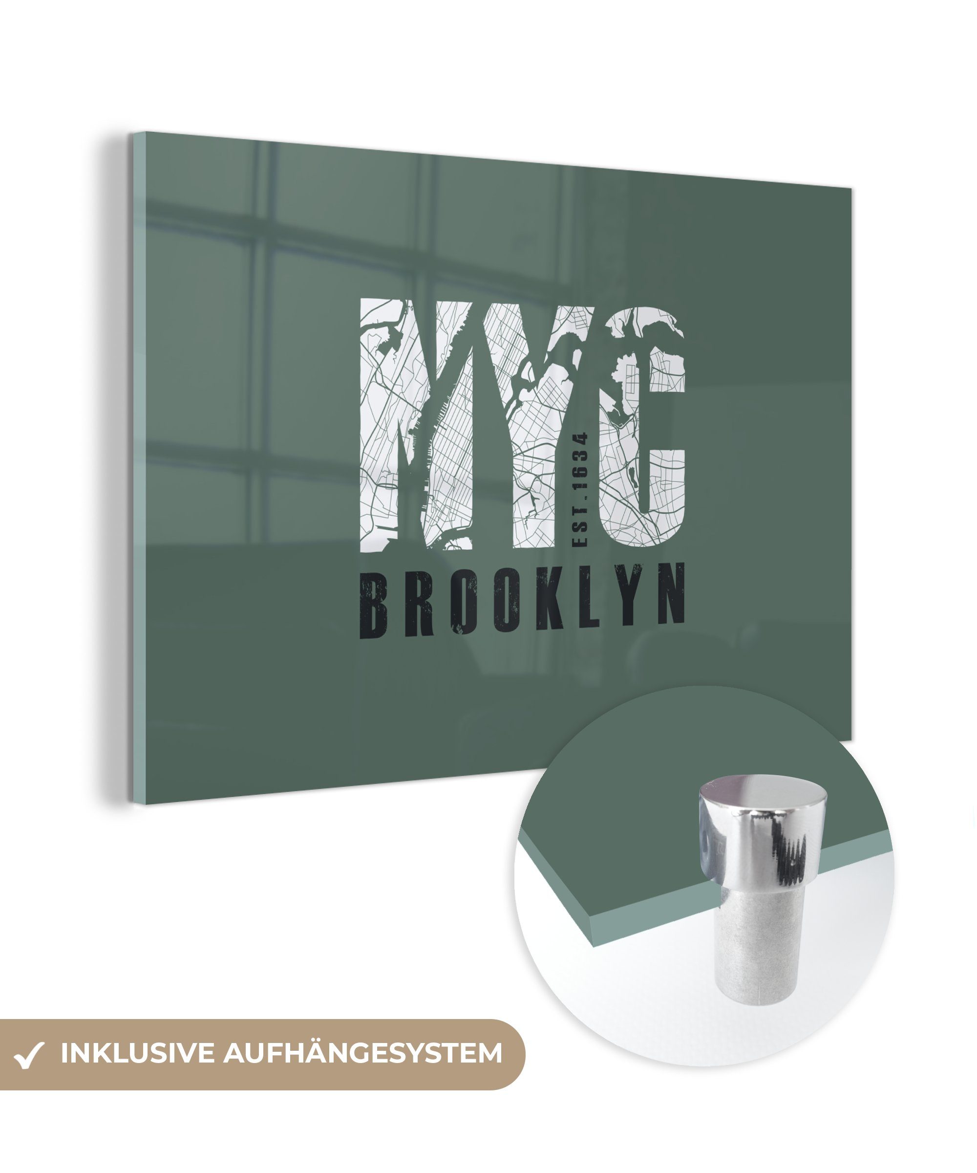MuchoWow Acrylglasbild New York - Brooklyn - Grün, (1 St), Acrylglasbilder Wohnzimmer & Schlafzimmer