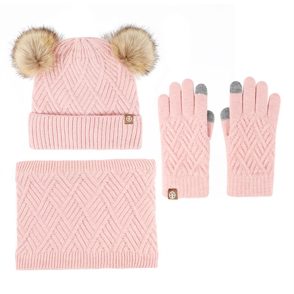 LYDMN Mütze rosa Kinder Warmes für Wintermütze, dreiteiliges & Handschuhe und Lätzchen, Handschuhe) Kinder (Mütze, Schal Schal Set für