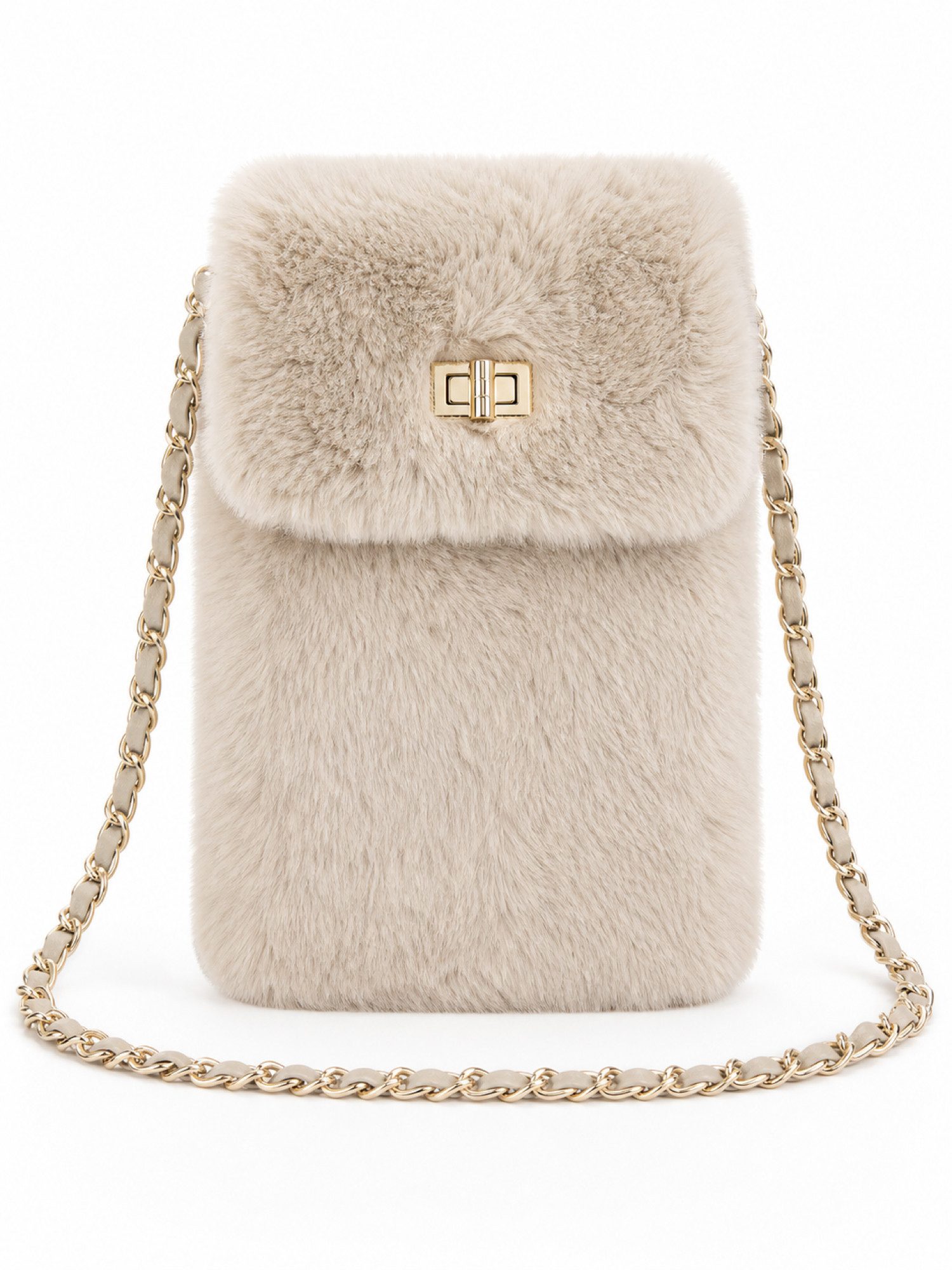 BRISE TASCHE Umhängetasche Mini Umhängetasche aus Kunstfell mit Kettenriemen, weiches Kunstfell, goldfarbener Kettenriemen, Drehverschluss
