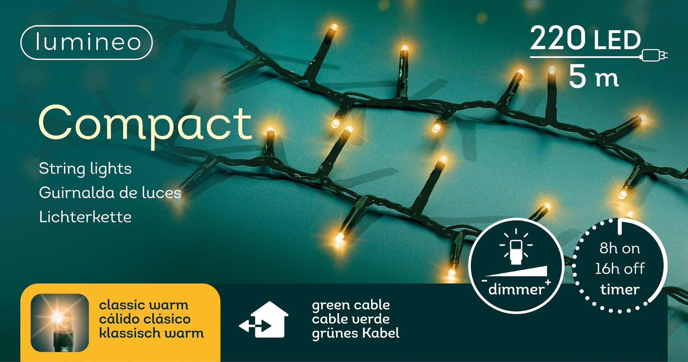 Lumineo LED-Lichterkette Lumineo Lichterkette COMPACT 220 LED 5 m klassisch warm, grünes Kabel, Dimmbar, 8h-Timer, Indoor/Outdoor, + 5 m Zuleitung