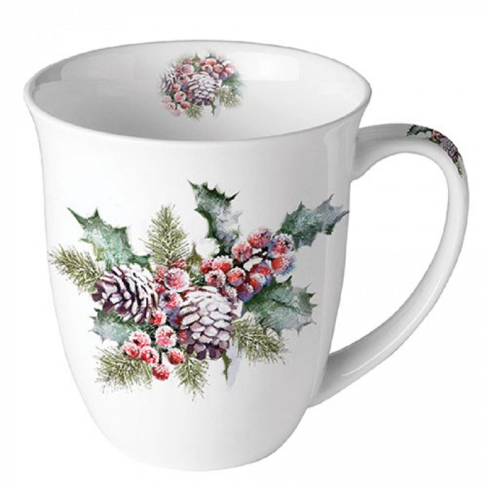 Ambiente Luxury Paper Products Becher Porzellan Mug Kollektion Planzen,Tiere, Vogel, 1-tlg., Porzellan Tasse Planze, Stechpalme und Beeren, Herbst, Winter, Frühling, Tee/Kaffee Tasse-, Ideal Als Geschenk