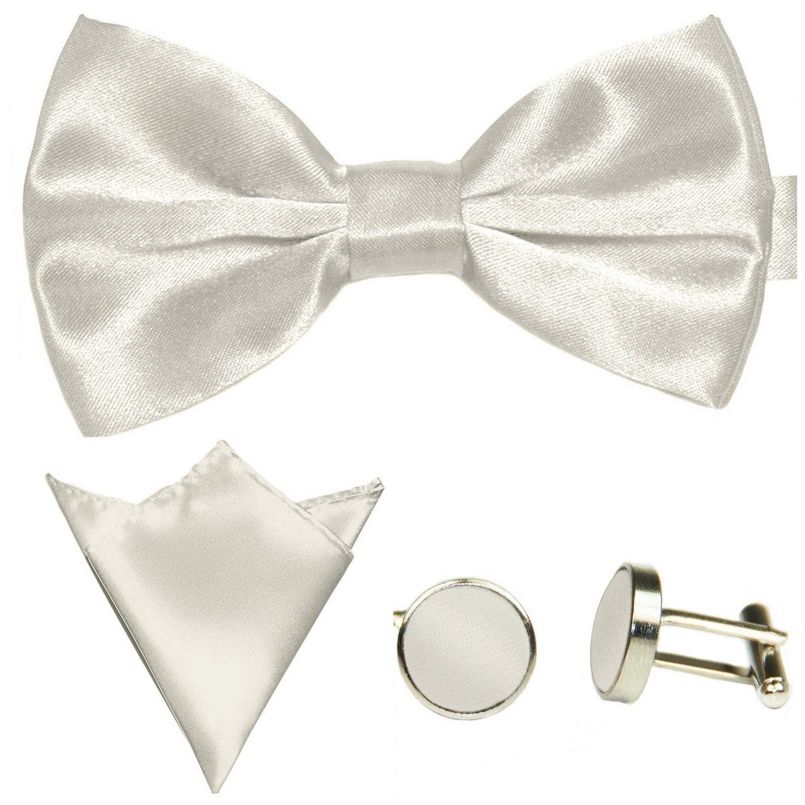 GASSANI Fliege Hochzeitsfliege, Herren-Schleife Kavalierstuch, Hochzeit Bräutigam (Set, 3-St., Manschettenknöpfe, mit Einstecktuch, Fliegenset) Uni, Seide-Touch-Finish, Vor-Gebunden Verstellbar