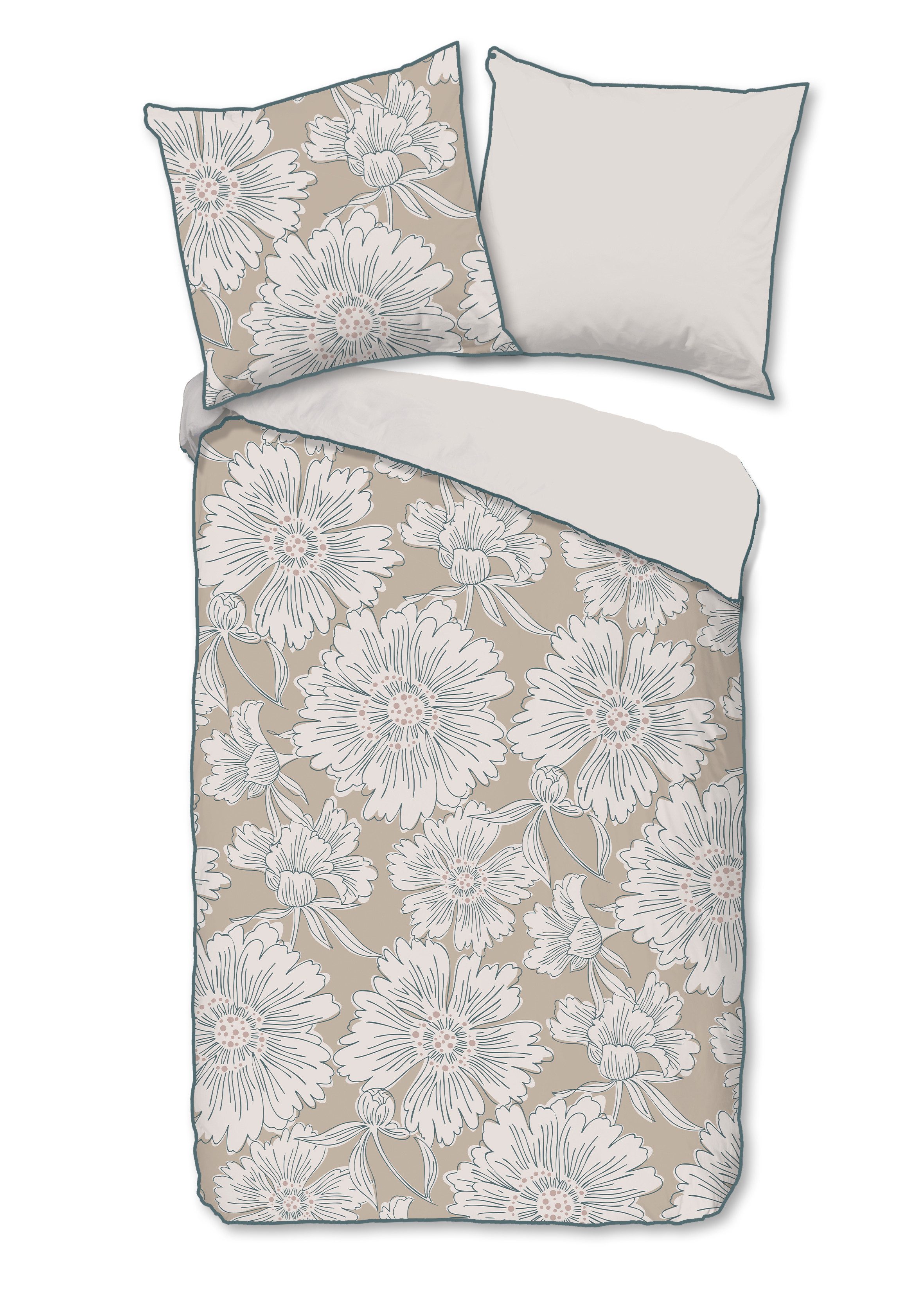 Descanso Bettwäsche Bettwäsche 135x200 + 1 x 80x80 cm Mako Satin Ancona Blumen natur, Mako Satin, 2 teilig, 1 x Bettbezug 135 x 200 cm + 1 x Kissenbezug 80 x 80 cm natur