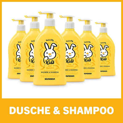 sanosan Duschgel 2in1 Dusche & Shampoo Banane für Kinder - Duschgel & Haarshampoo mit Bio Olivenextrakt & Milchprotein im 6er Pack (6x 400 ml) - Haarpflege, Hautpflege, Shower Gel, Haar Shampoo, 6-tlg.