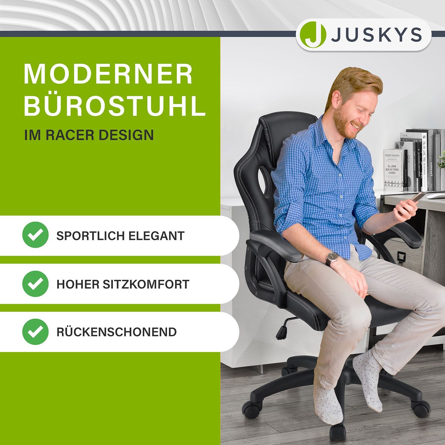 Juskys Gaming-Stuhl Montreal, Ergonomisch geformte Sitzfläche, Rückenlehne und Sitzfläche kippbar