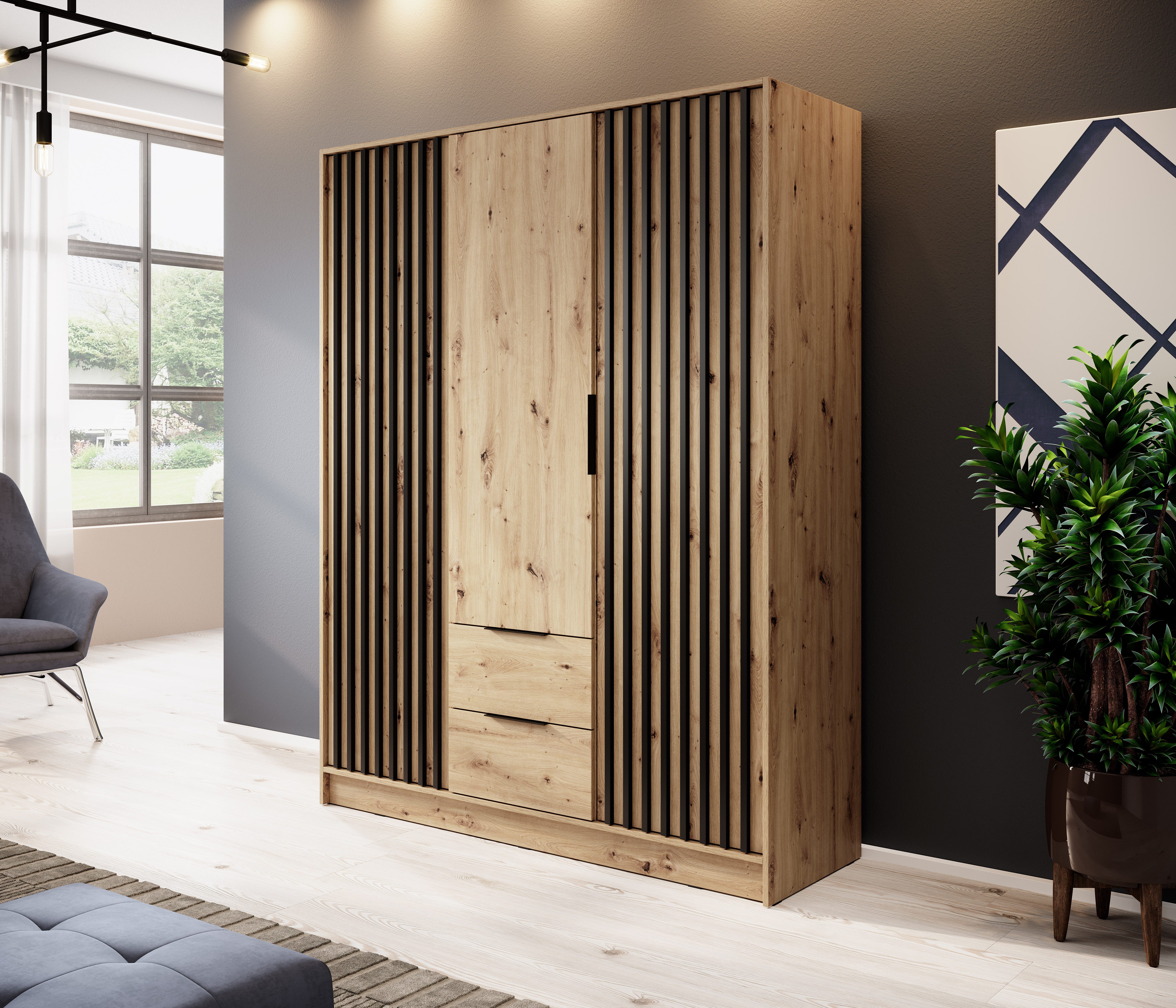 MOEBLO Kleiderschrank JOHN (Latten aus Holz, Loft Stil IndustrieSchrank Aufbewahrungsschrank (Spannstange) mit Regalböden Spannstange & 2 Schubladen, Industrieschrank für Schlafzimmer, Schlafzimmerschrank mit 2/3/4 drehbaren Türen, 2 Schubladen)