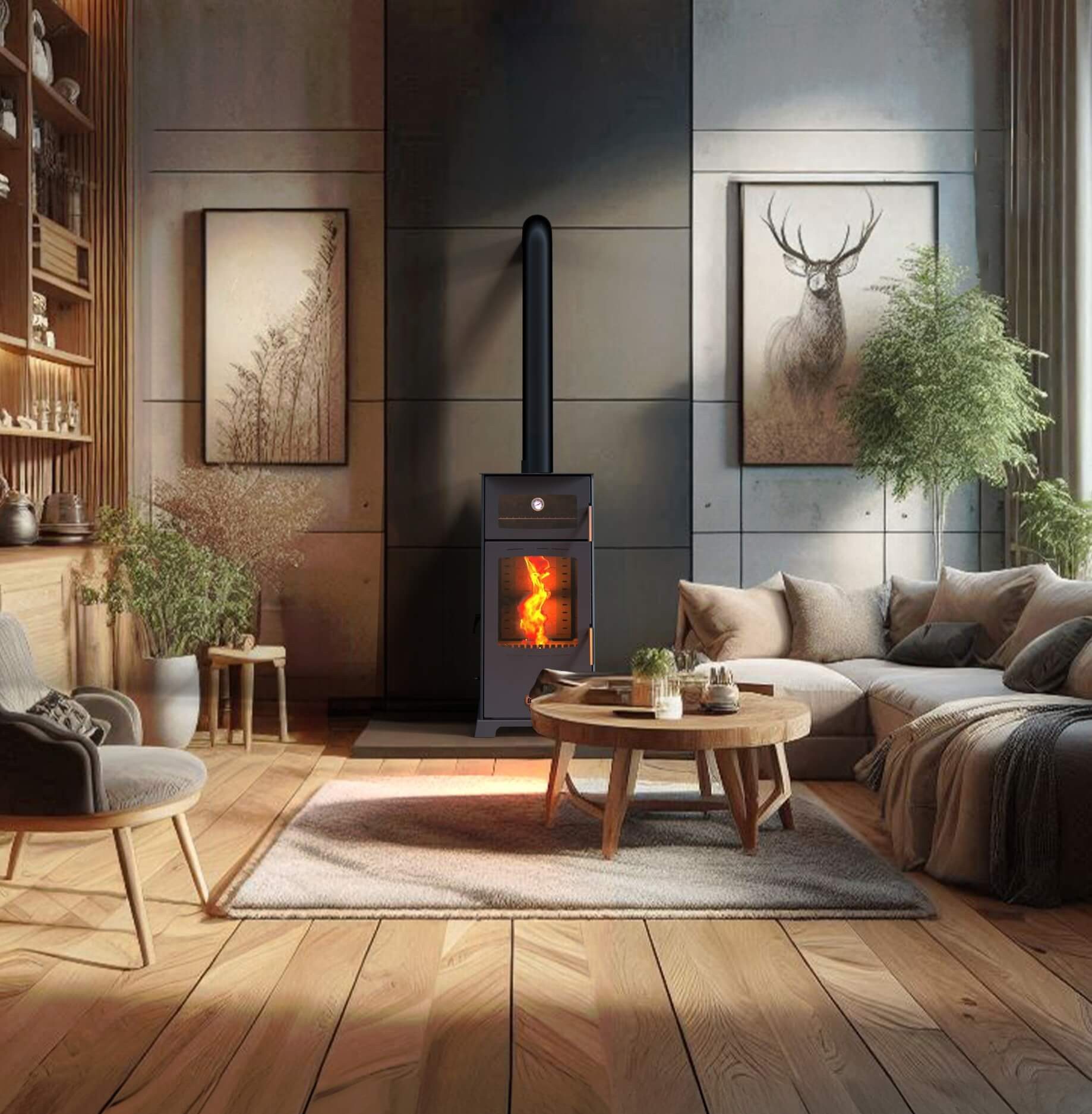 Baba's Gold Hybrid Pellet and Wood Combination Stove with Baking Compartment, 12 kW, Continuous Burning, Black Wood Stove