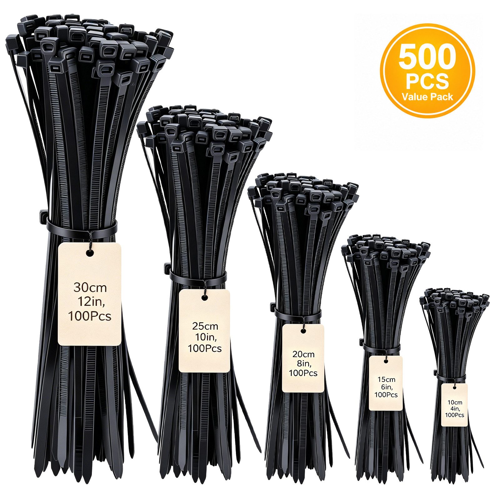 BlingBin Kabelbinder Kabelbinder Set 500 Stück, Sortierte Größen 100/150/200/250/300 mm (500er Set, 500-St., 500tlg) selbstverriegelnde Nylon-Kabelbinder für Haushalt, Werkstatt & Garten
