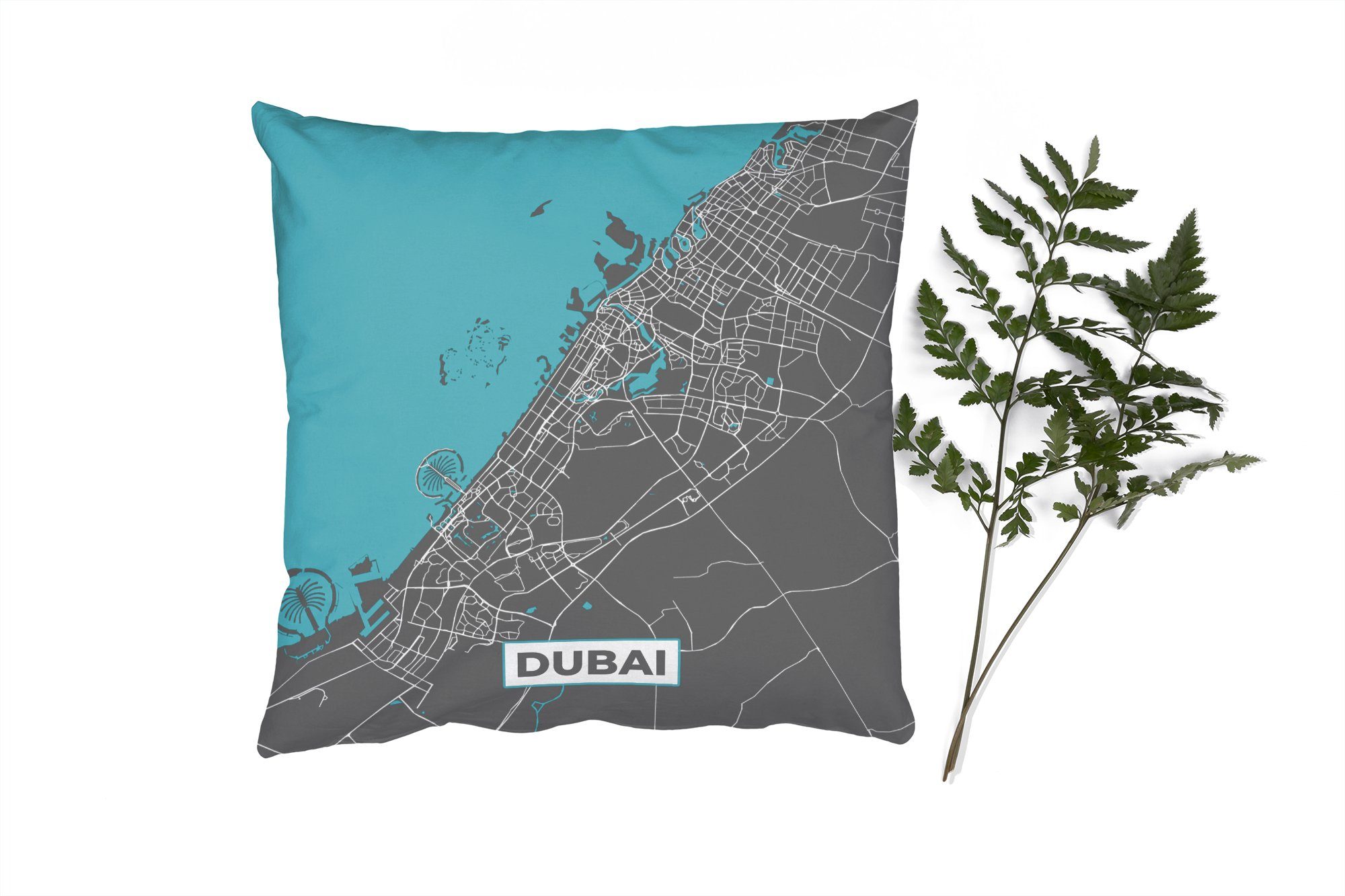 MuchoWow Dekokissen Dubai - Stadtplan - Blau - Karte, Zierkissen mit Füllung für Wohzimmer, Schlafzimmer, Deko, Sofakissen
