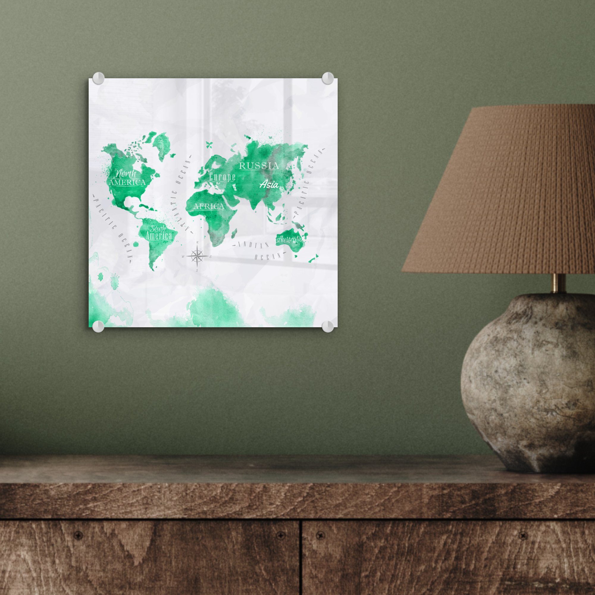 MuchoWow Acrylglasbild Weltkarten - - Farbe, Grün auf Bilder St), Wanddekoration - Glas - Glasbilder Foto - (1 auf Glas Wandbild