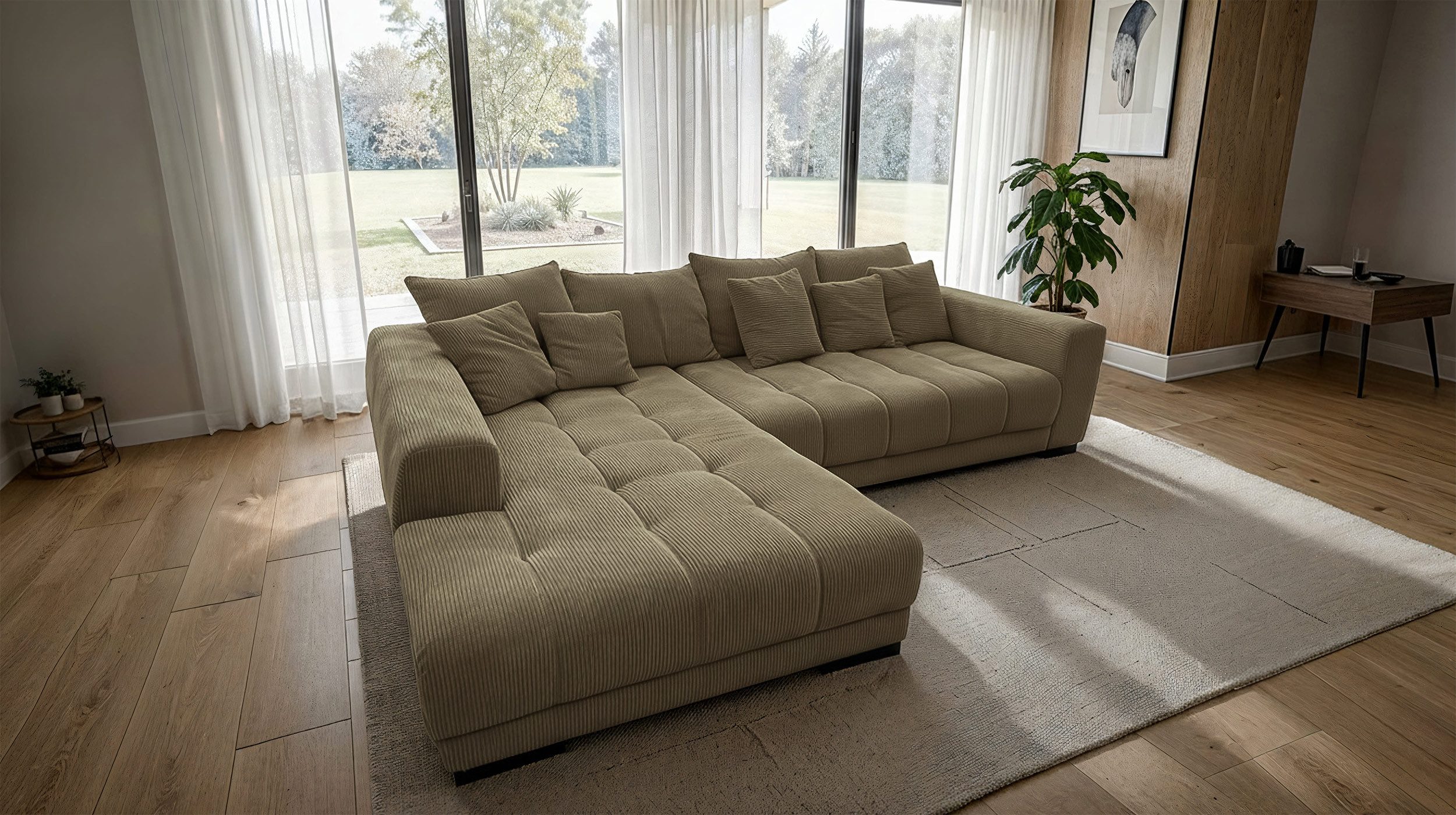 Massivart® Ecksofa Cord 300x215 cm / Nosagfederung / Cordsofa / ARTEMIS, inkl. Kissen-Set · frei im Raum stellbar