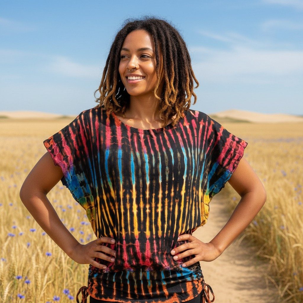 Guru-Shop T-Shirt Batikshirt mit Fledermausärmeln, lockeres.. Festival, Ethno Style, Hippie, alternative Bekleidung