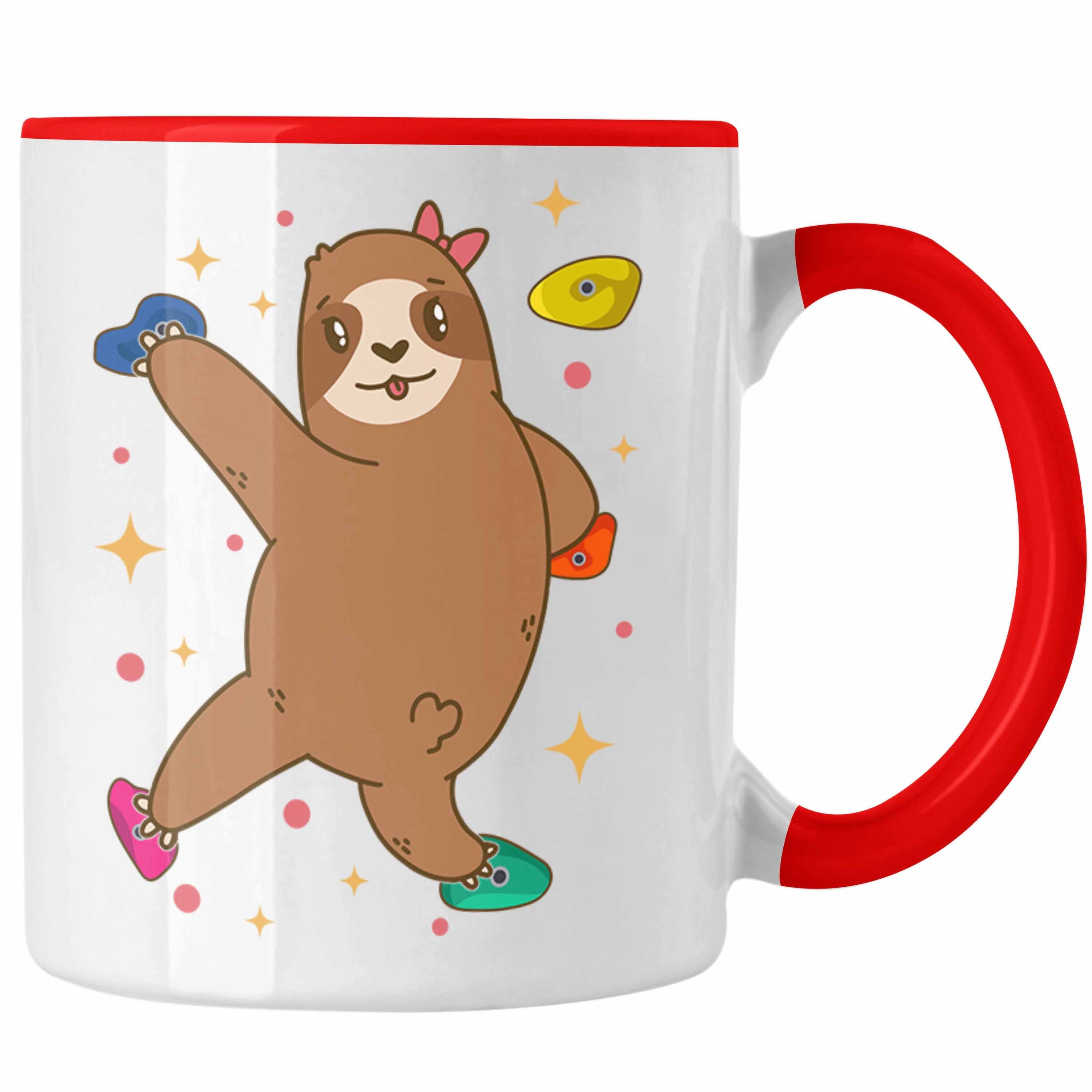 Trendation Tasse Trendation - Klettern Bergsteigen Geschenk Tasse Boulder Geschenkidee Berge Faultier Grafik Kinder Lustig Rot